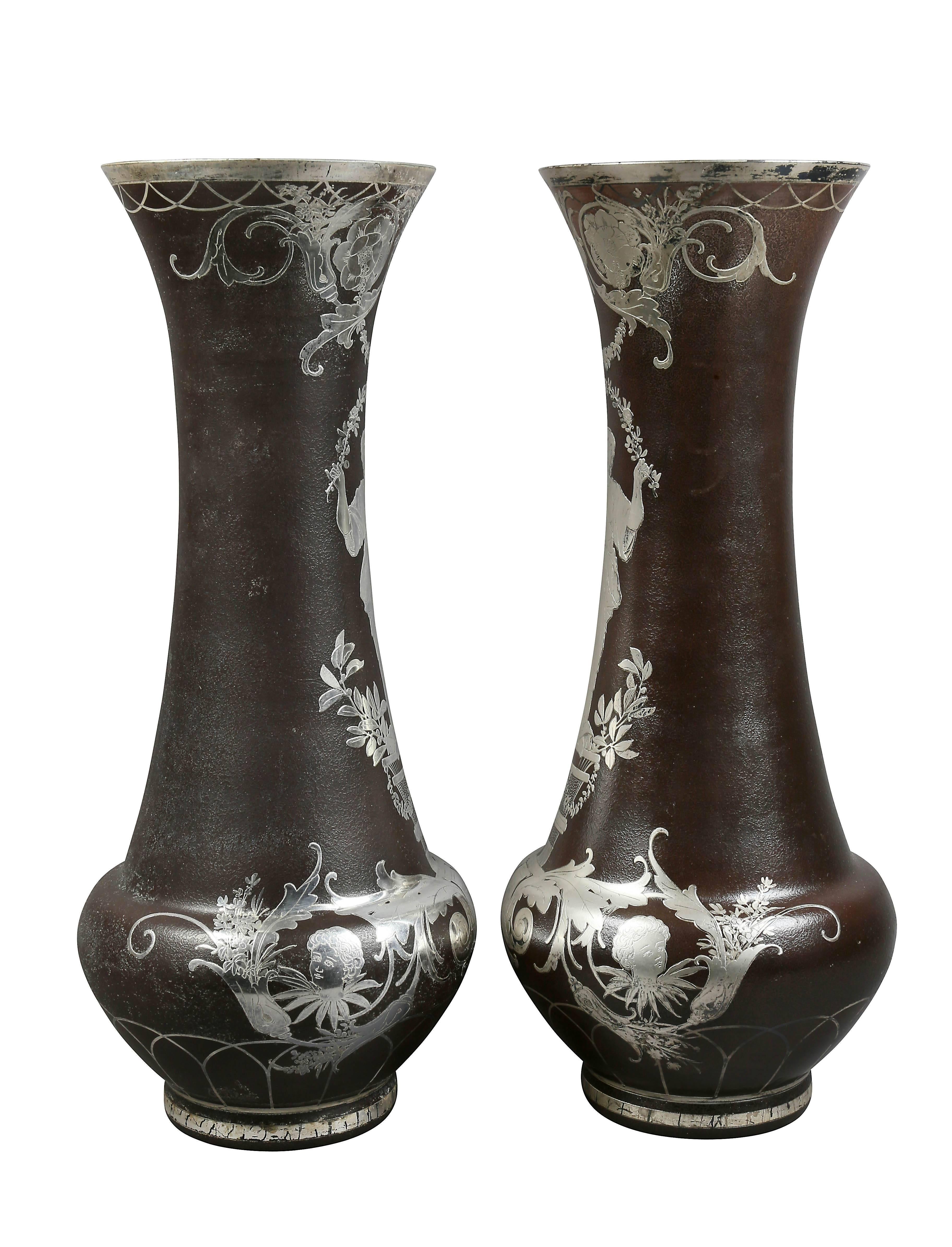 Pair of French Art Glass Vases with Silver Overlay For Sale 2