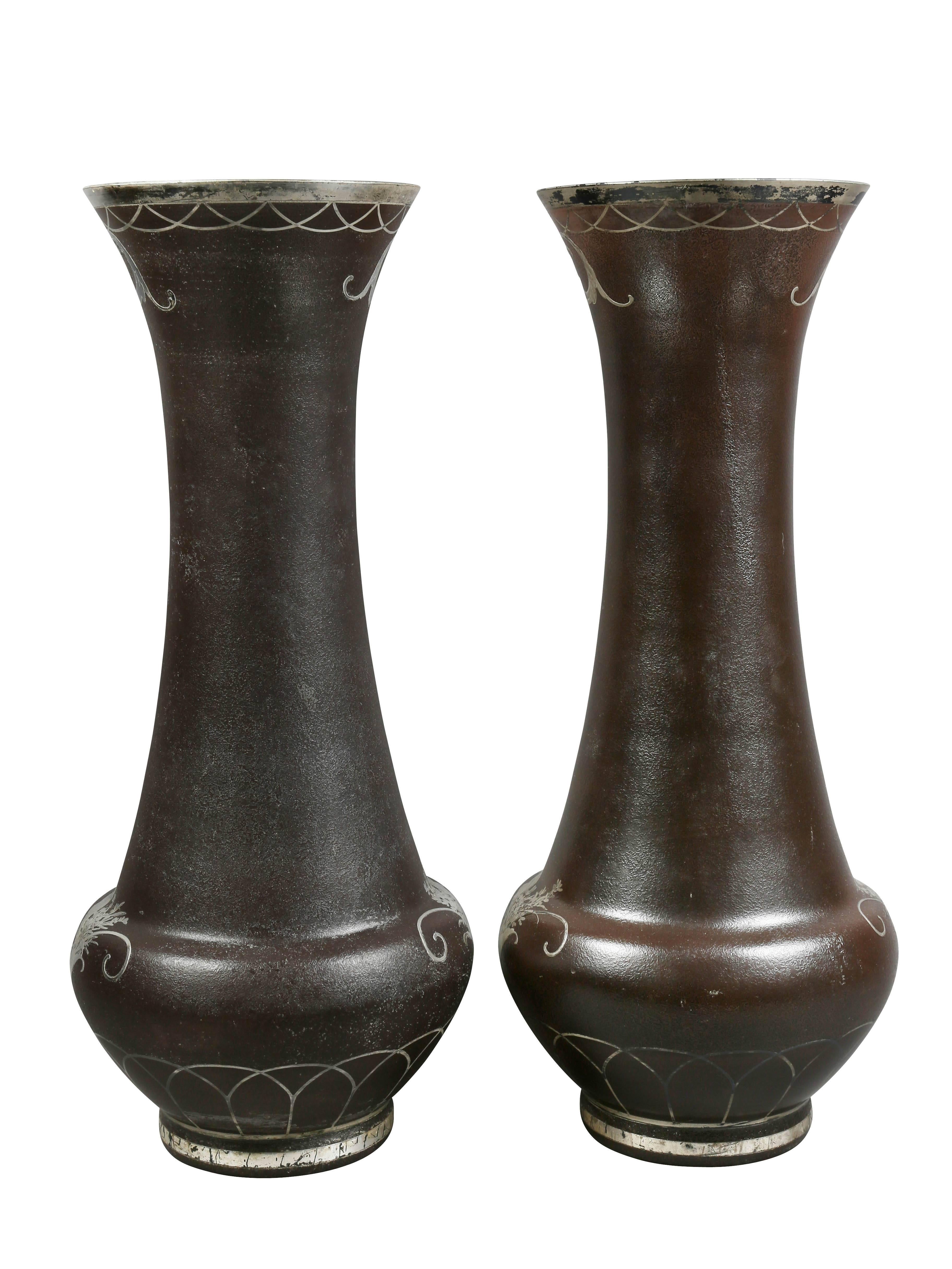 Pair of French Art Glass Vases with Silver Overlay For Sale 4