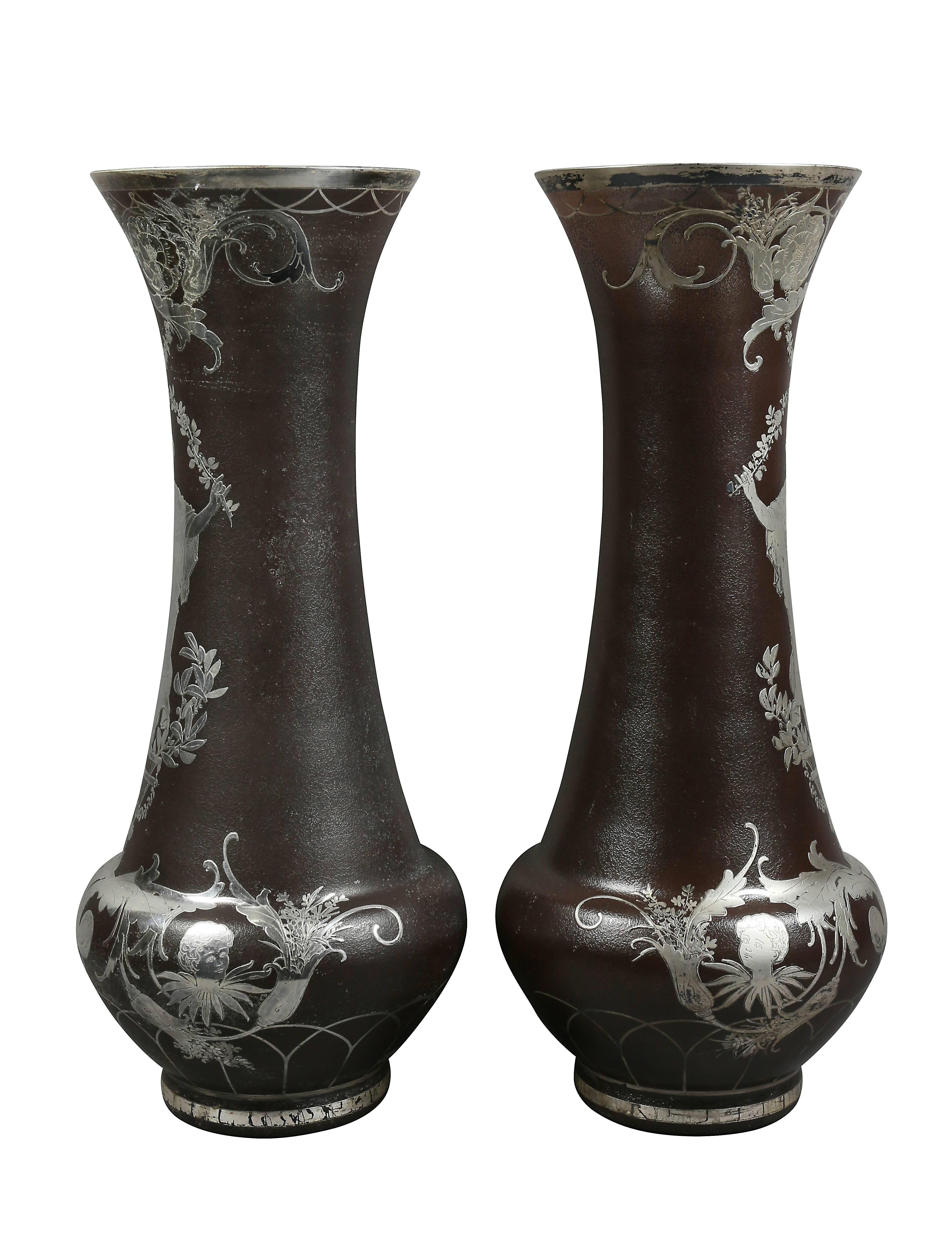 Pair of French Art Glass Vases with Silver Overlay For Sale 3