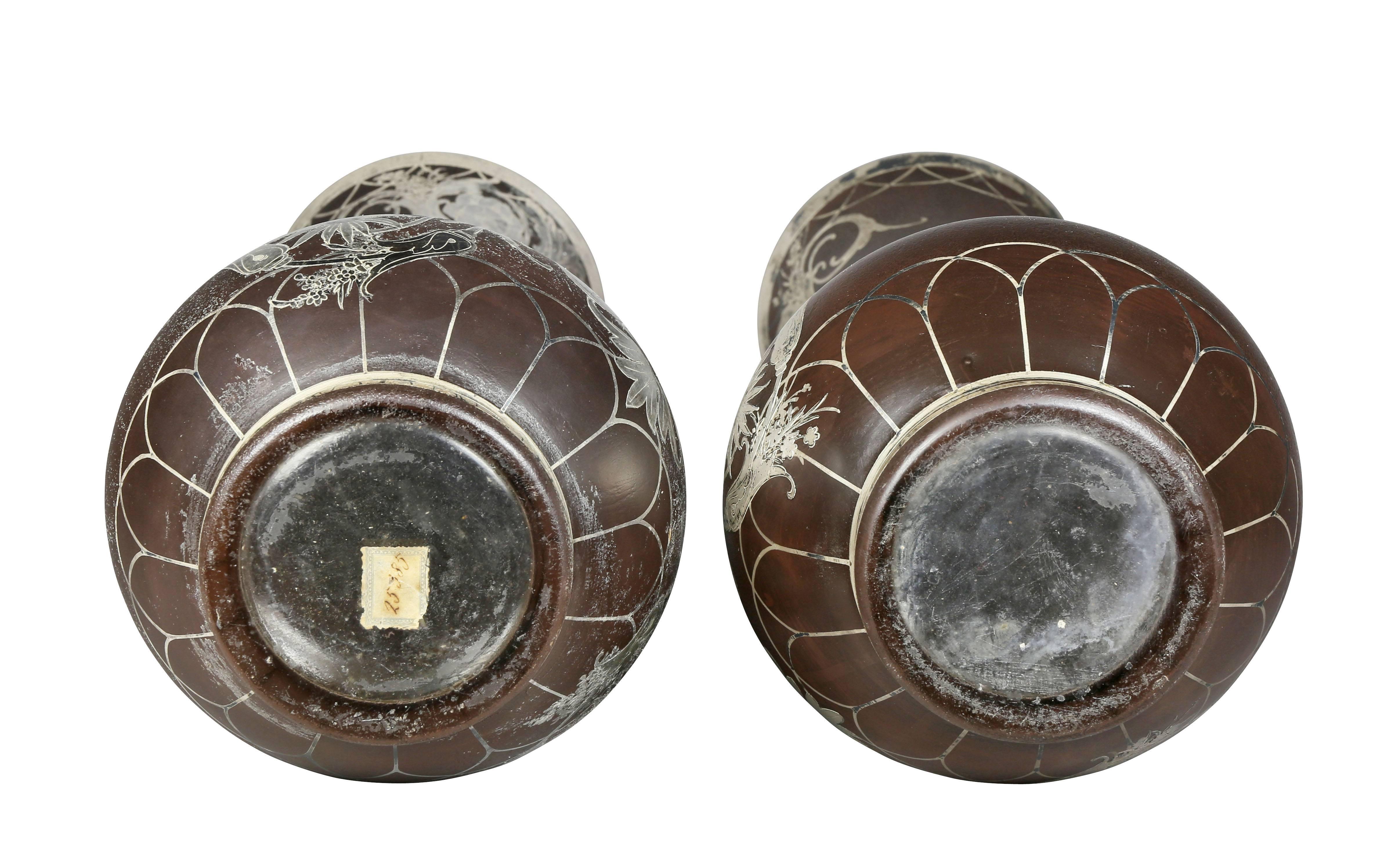 Pair of French Art Glass Vases with Silver Overlay For Sale 5