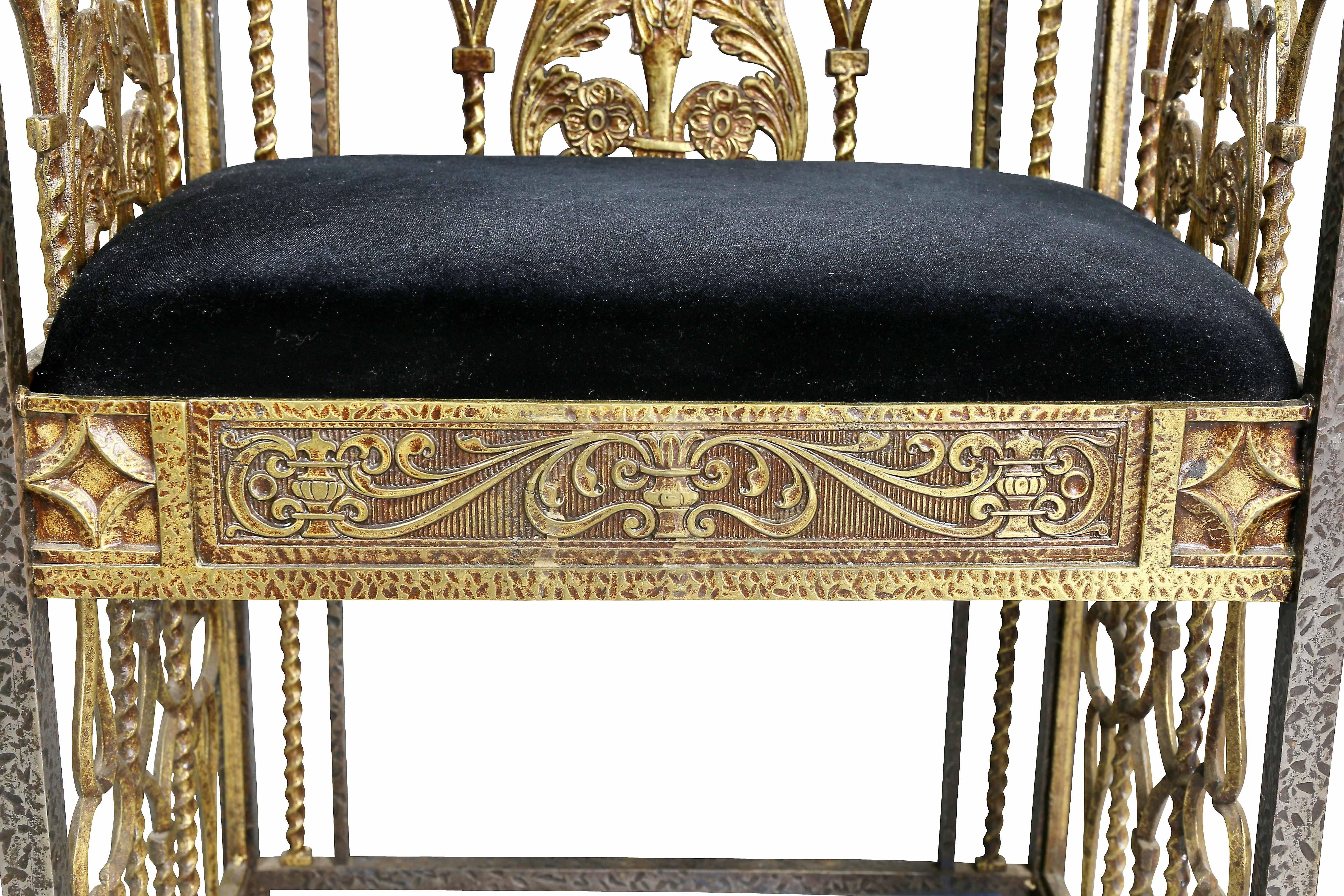 Oscar Bach Wrought Iron and Bronze Hall Chair In Excellent Condition In Essex, MA