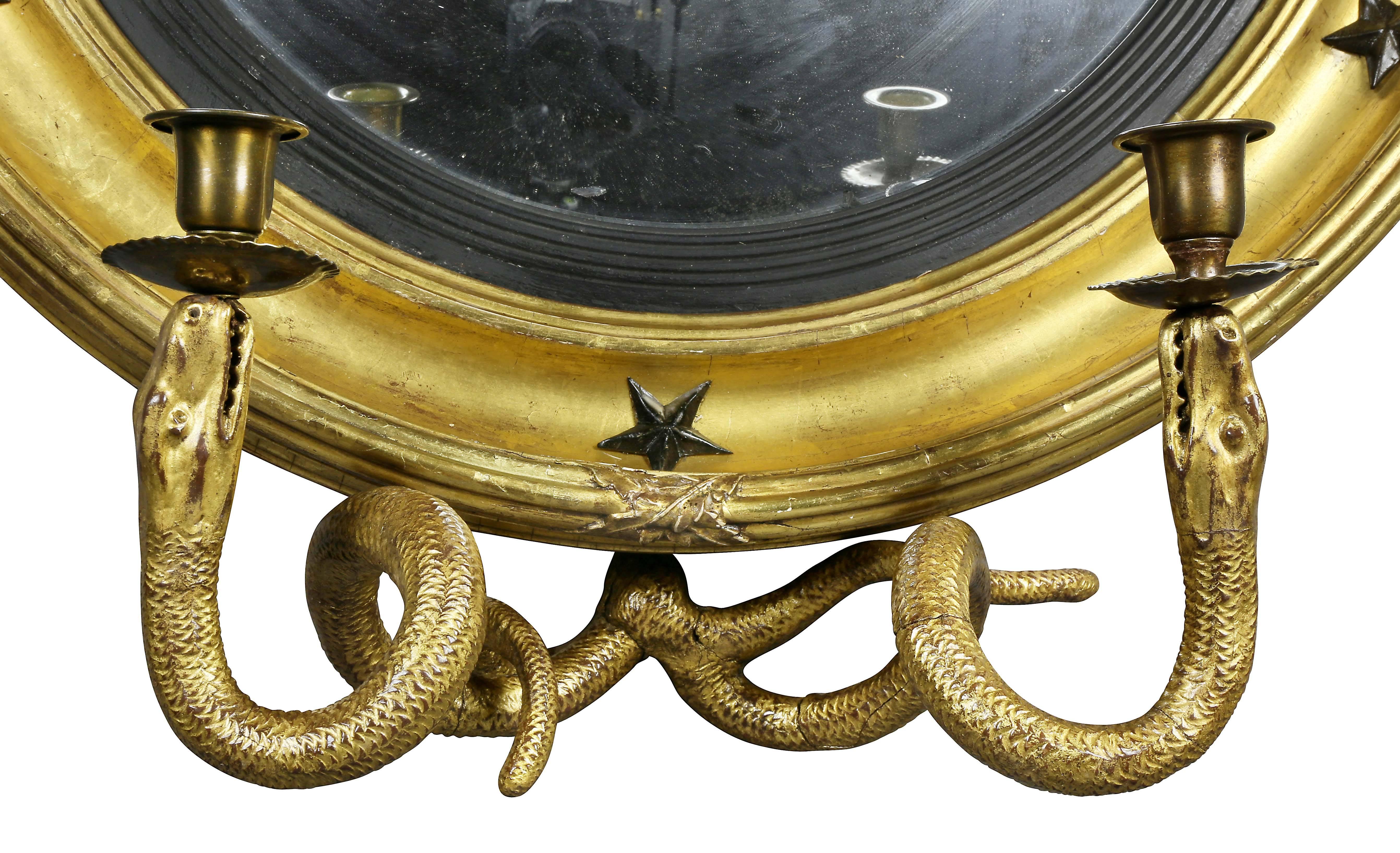 Early 19th Century Regency Giltwood and Ebonized Convex Mirror