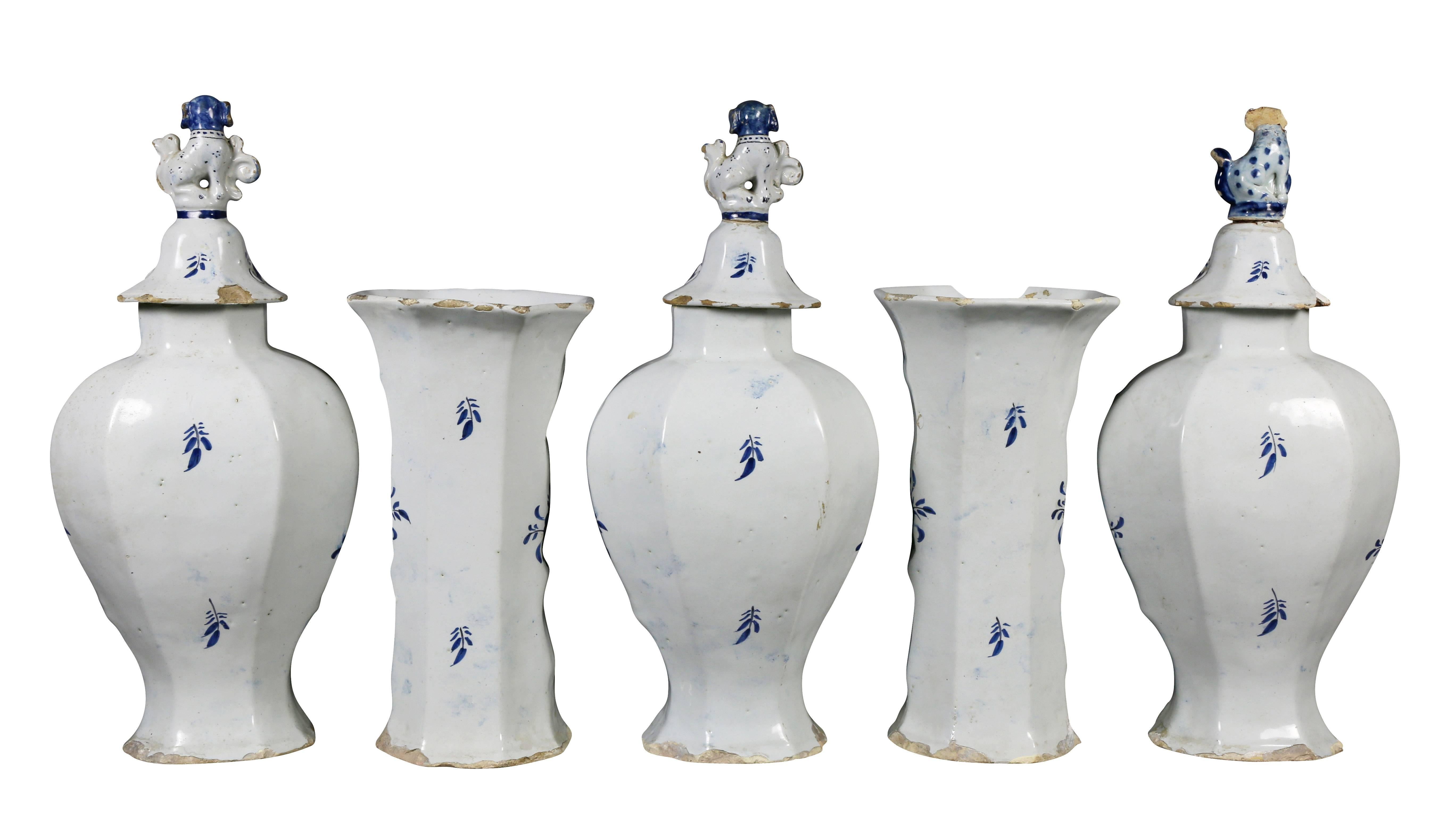 Delft Five-Piece Blue and White Pottery Garniture In Fair Condition In Essex, MA