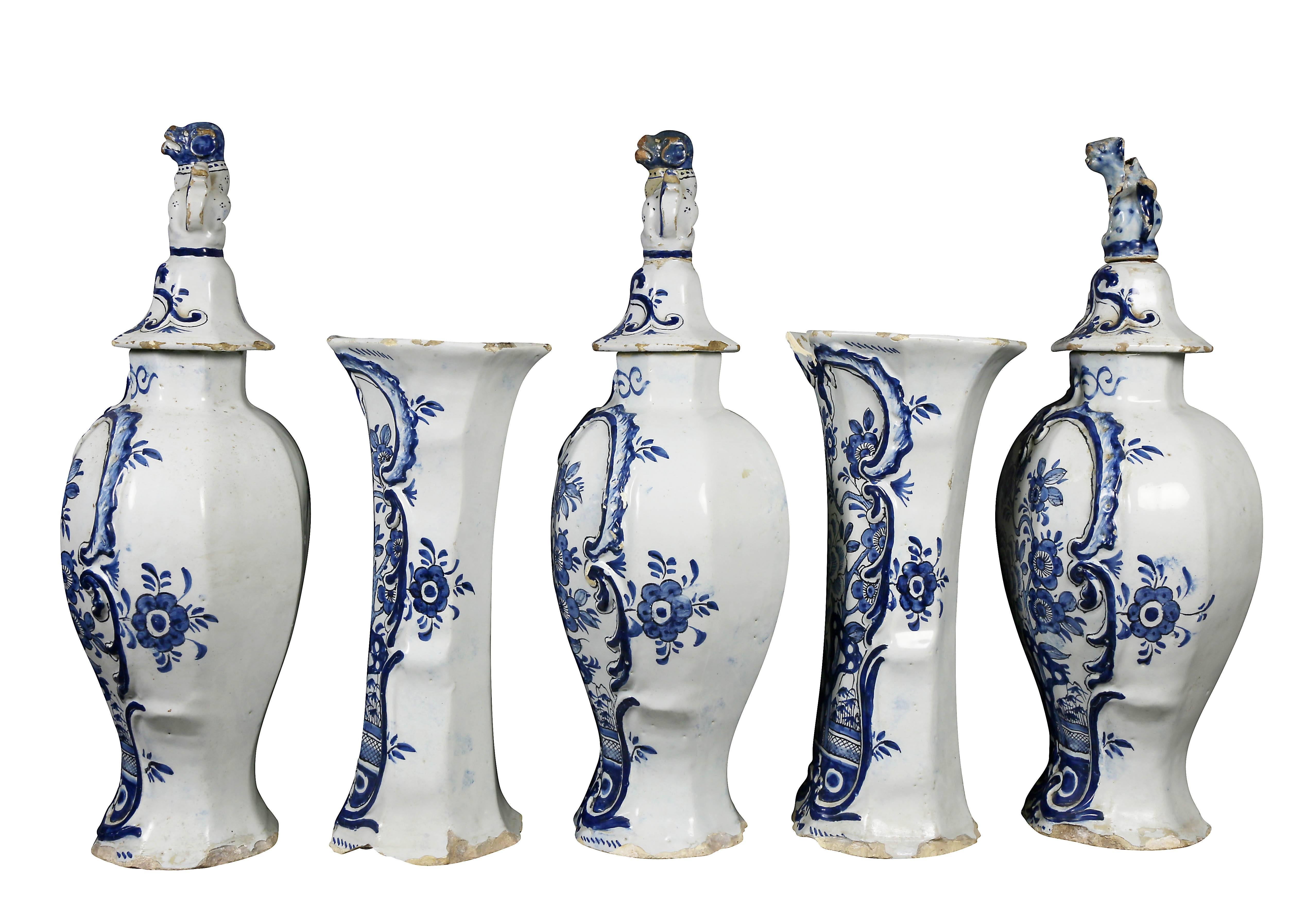 Dutch Delft Five-Piece Blue and White Pottery Garniture