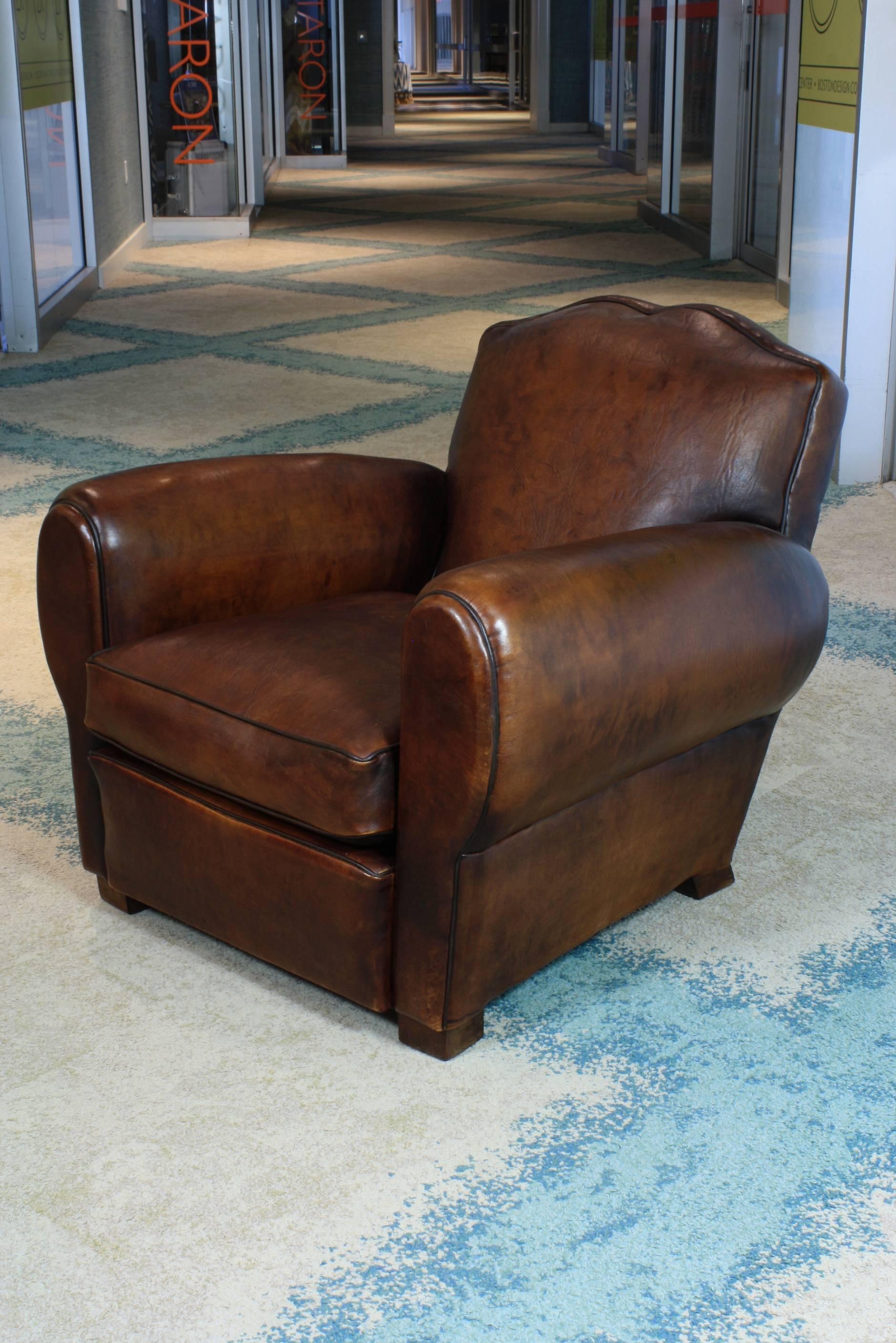 Dyed Pair of French Mustache Back Leather Club Chairs