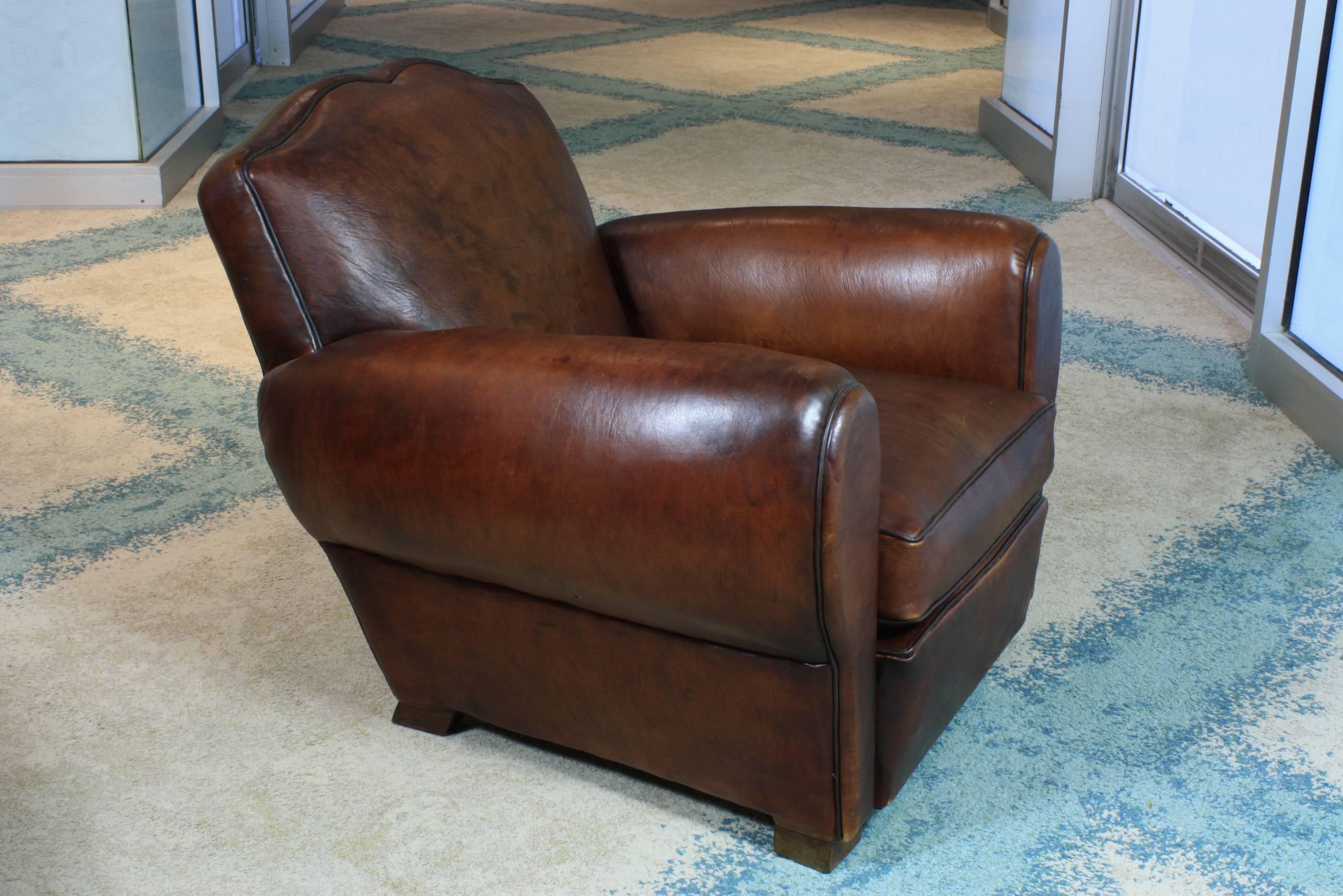Pair of French Mustache Back Leather Club Chairs 1