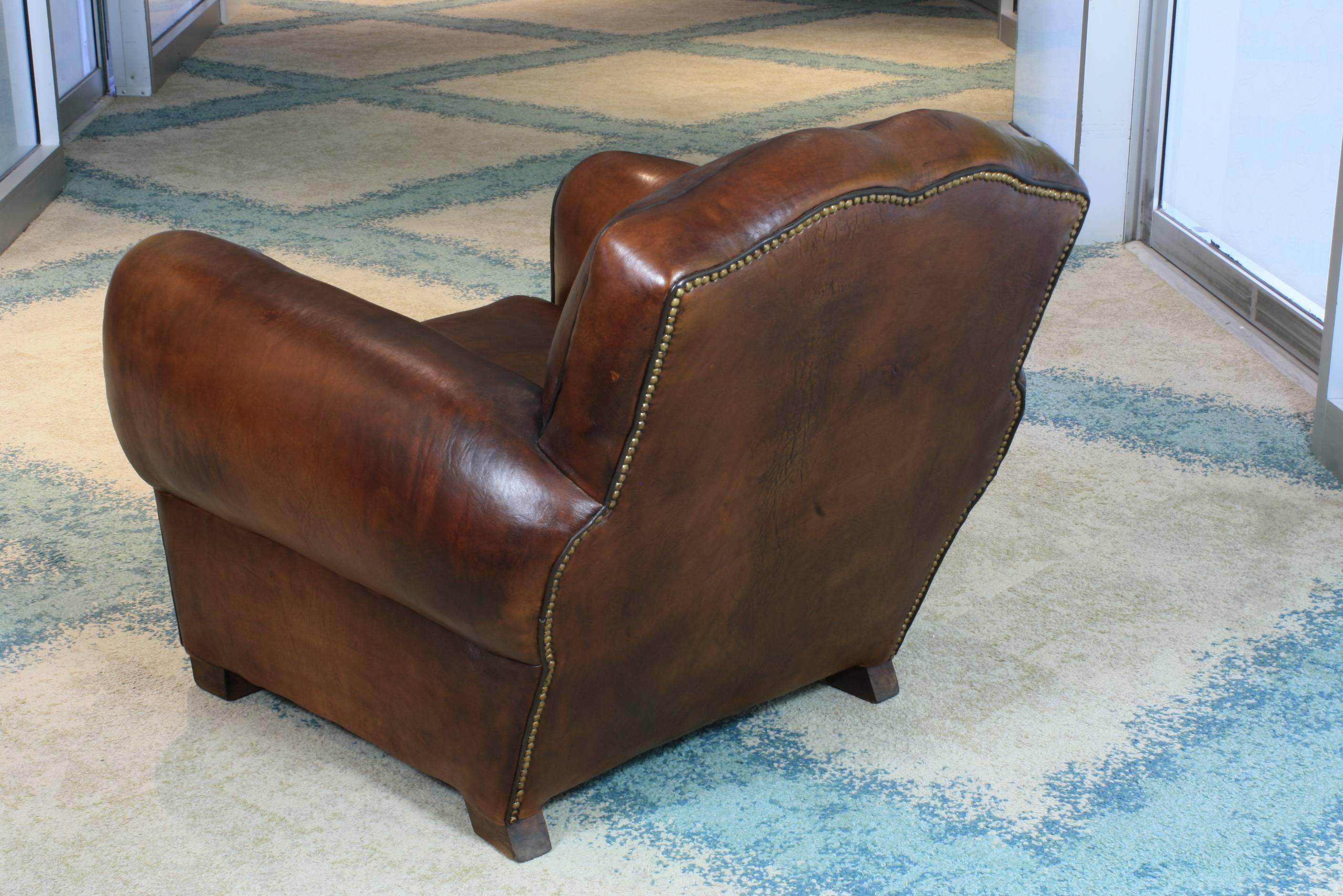 20th Century Pair of French Mustache Back Leather Club Chairs