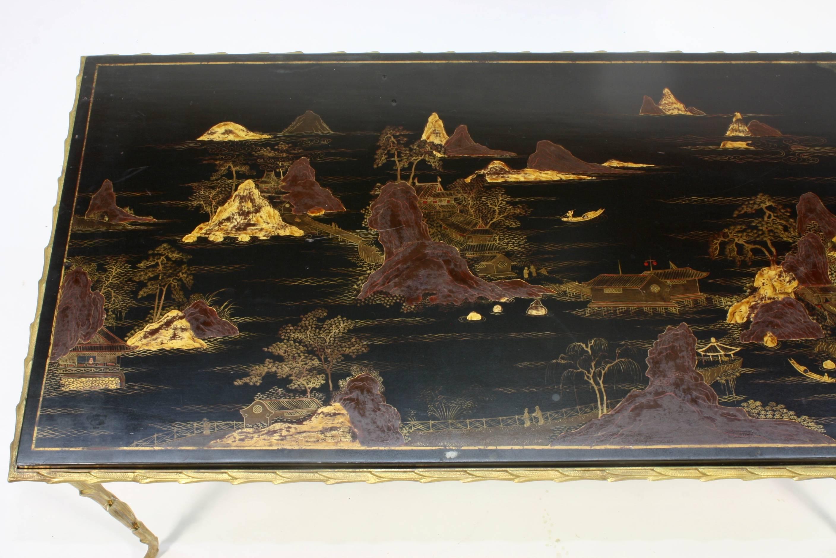 French Black Lacquered Chinoiserie Coffee Table by Maison Baguès