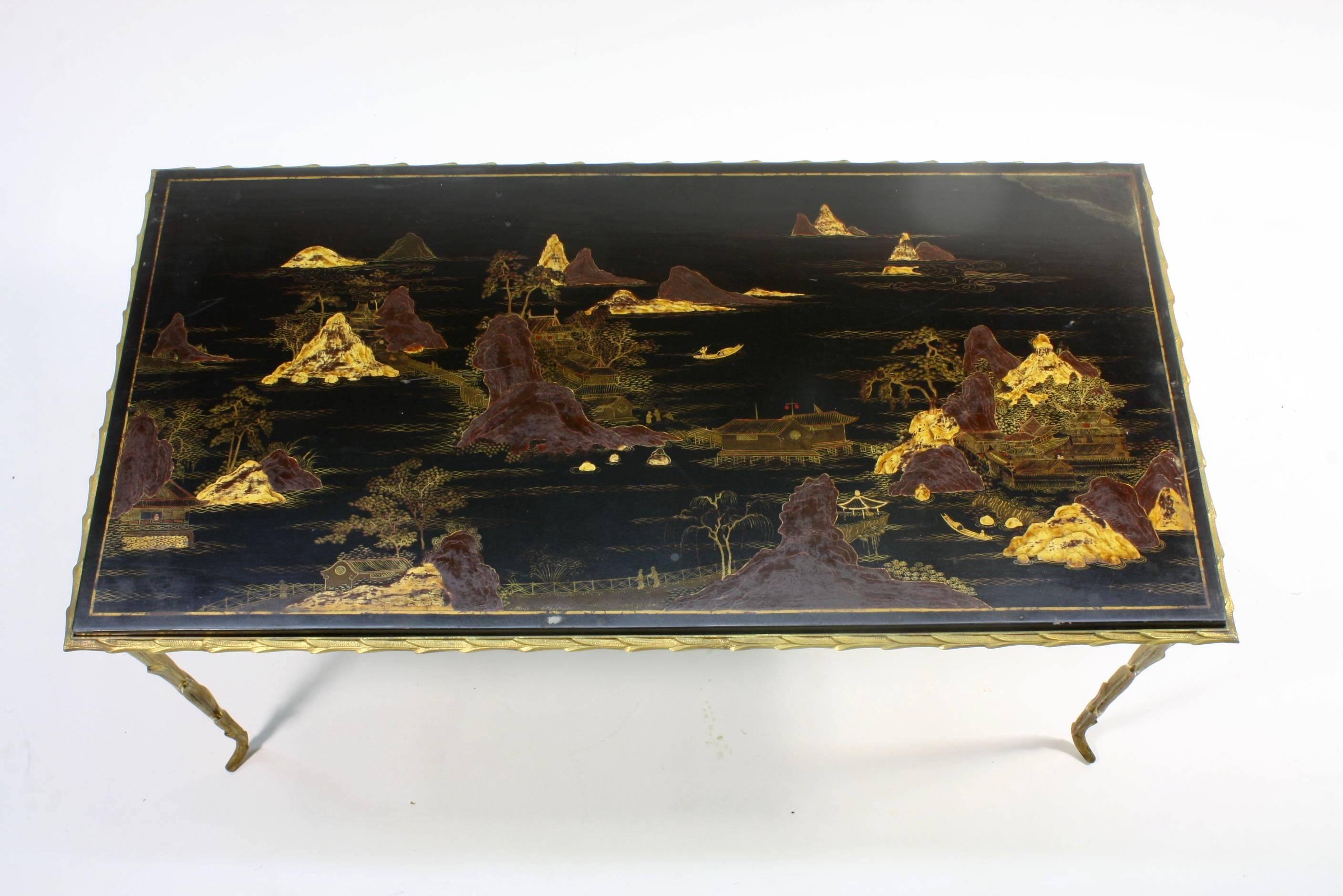 Mid-Century Modern Black Lacquered Chinoiserie Coffee Table by Maison Baguès