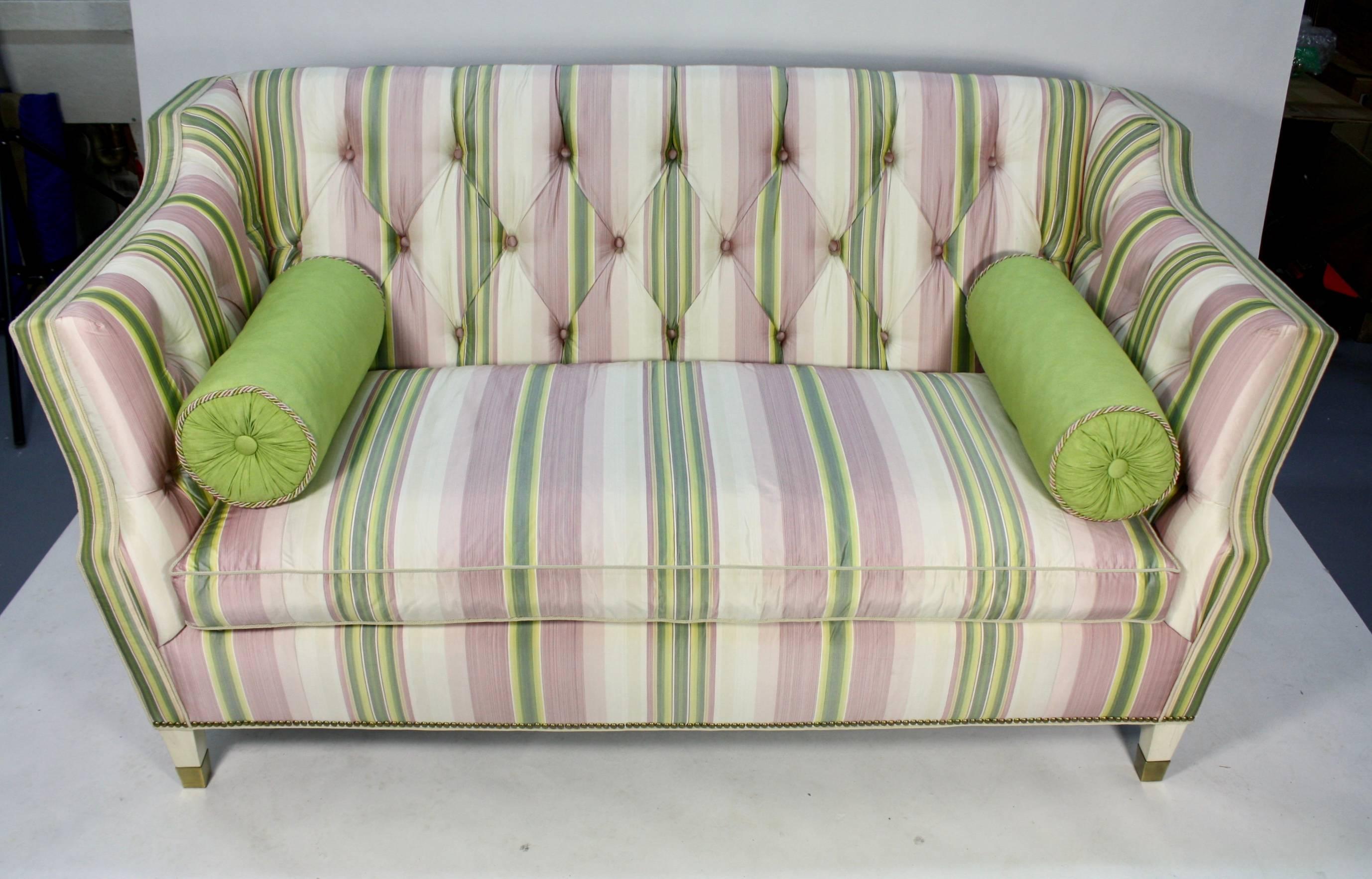 American Custom Upholstered Sofa in Striped Silk Fabric by Scalamandre