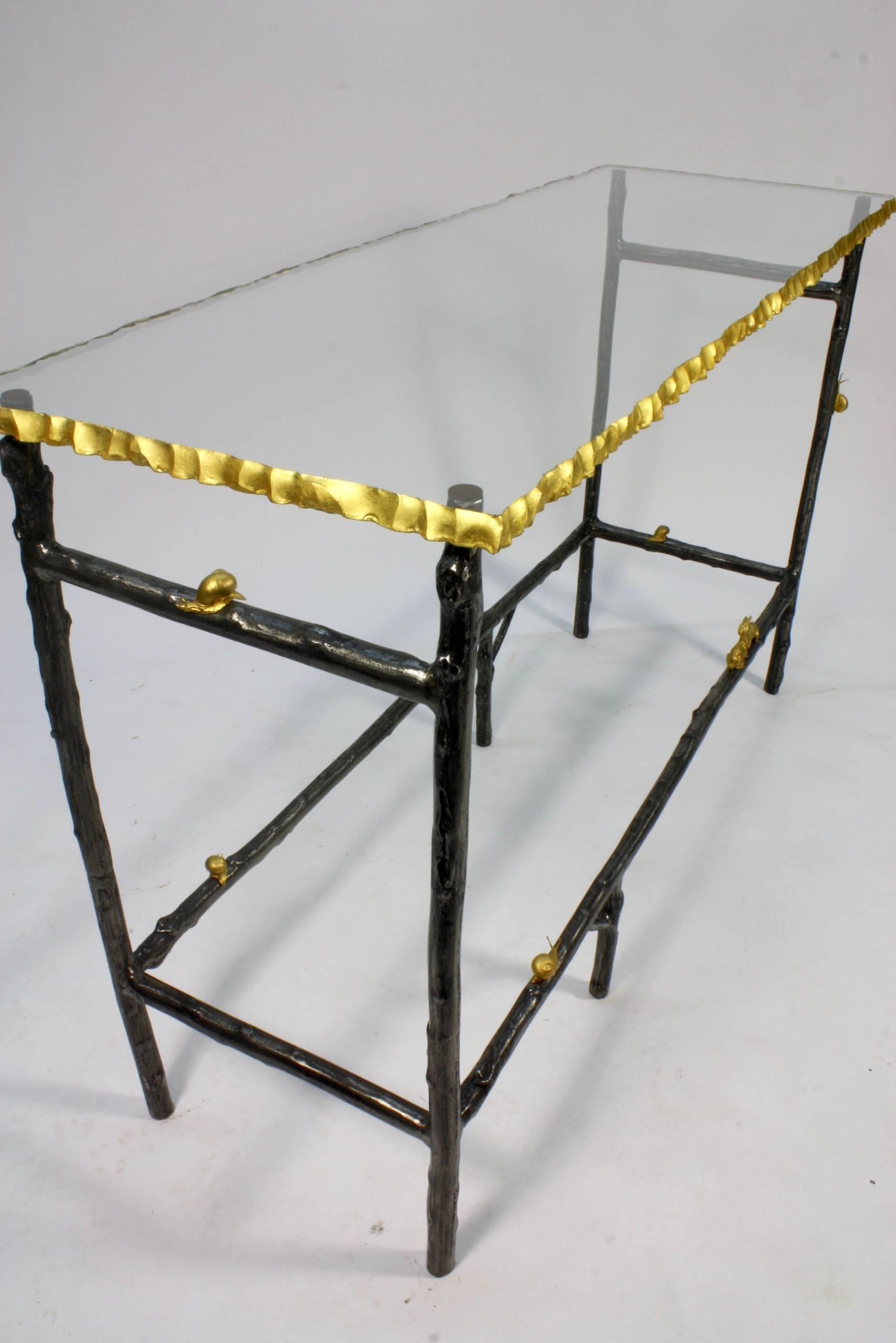 French Faux Twig Console Table with Gilt-Bronze Snails and Rusticated Glass Top For Sale