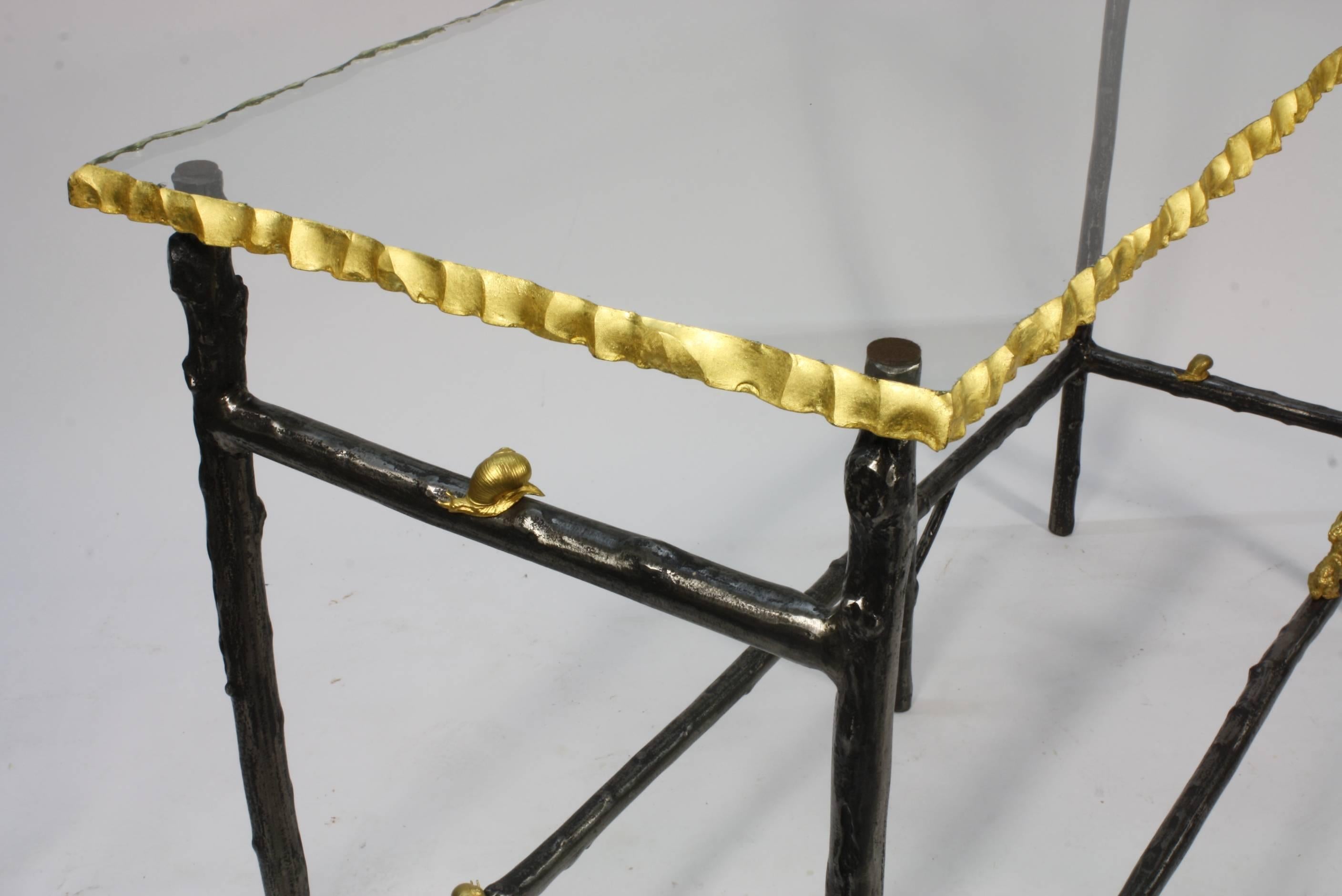 Faux Twig Console Table with Gilt-Bronze Snails and Rusticated Glass Top In Good Condition For Sale In Pembroke, MA