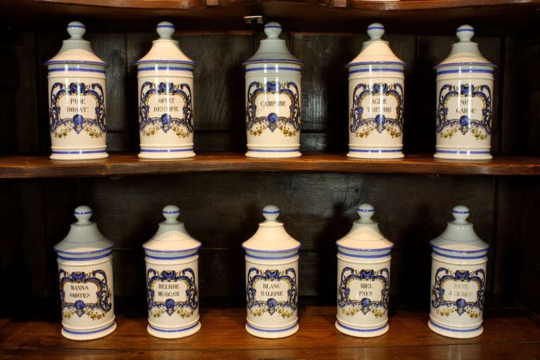 Belle Époque Set French Porcelain Apothecary Jars with Painted Decoration and Mark