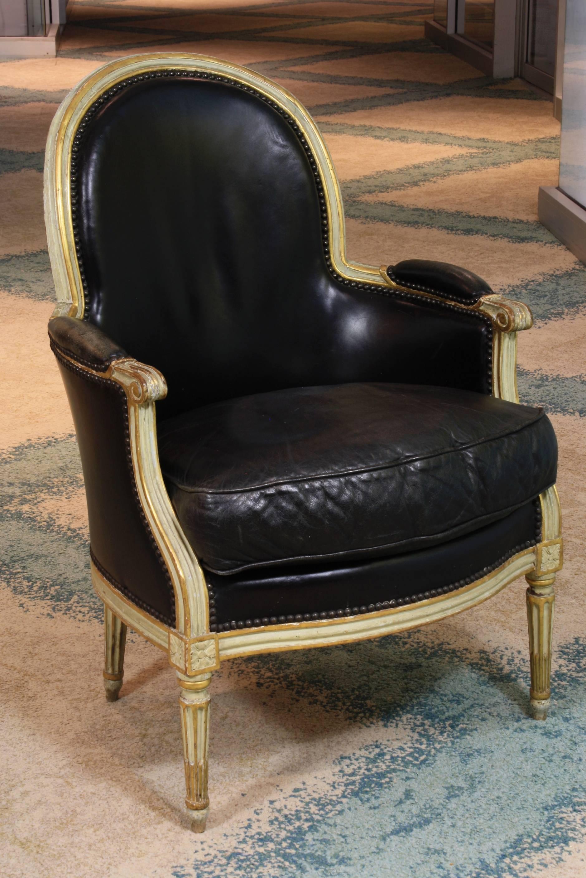 Pair of Louis XVI Period Leather Bergeres In Good Condition In Pembroke, MA