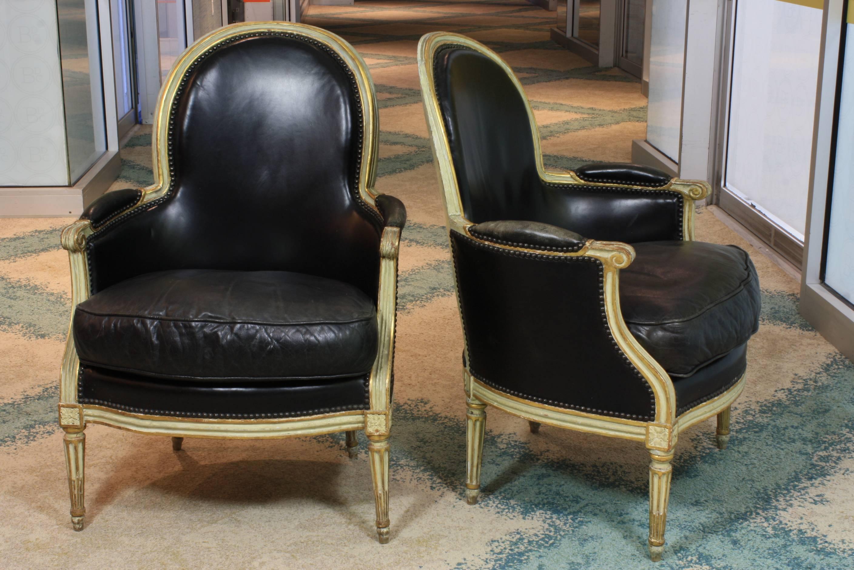 French Pair of Louis XVI Period Leather Bergeres