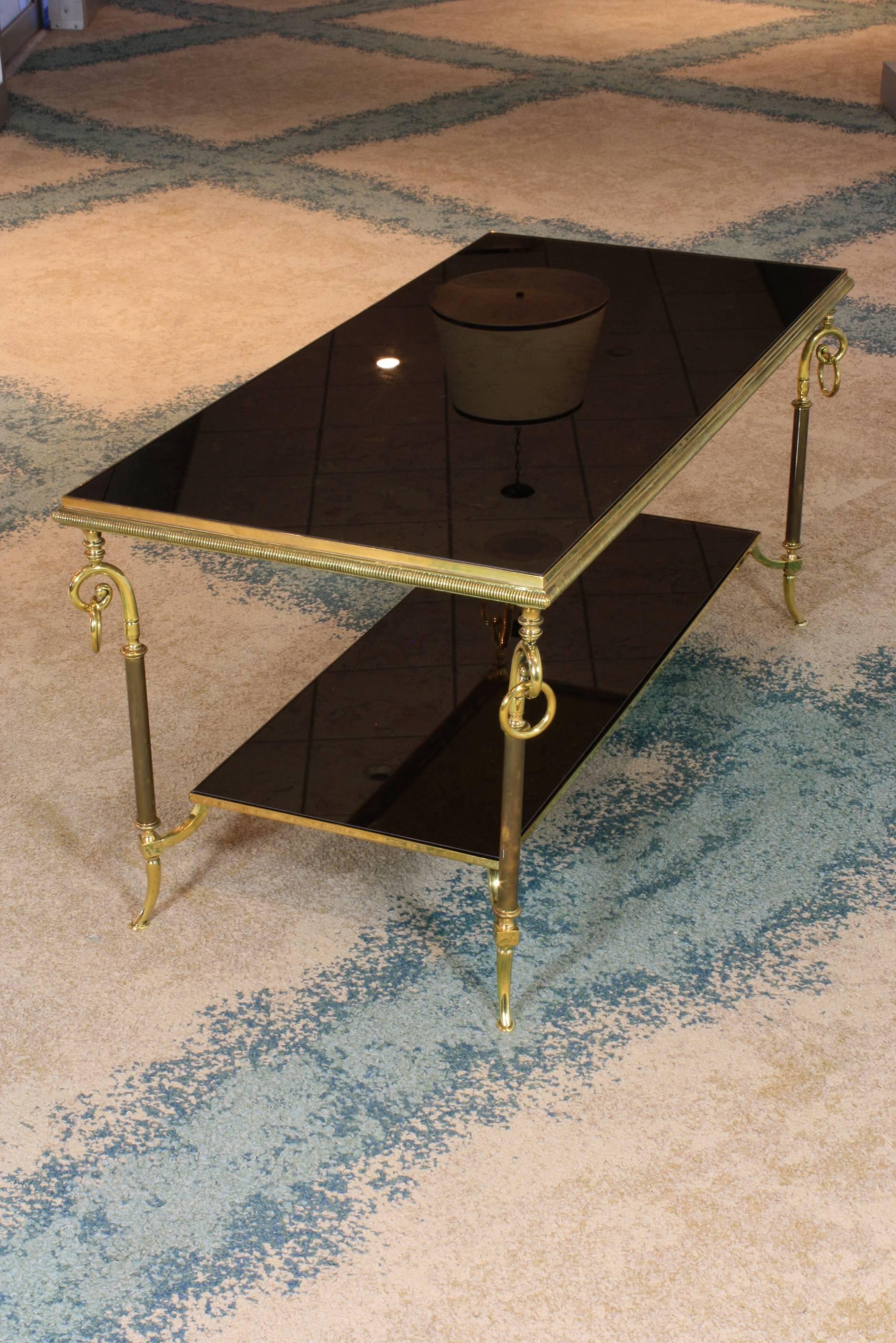 French Jansen Two-Tiered Eglomise Glass and Brass Coffee Table