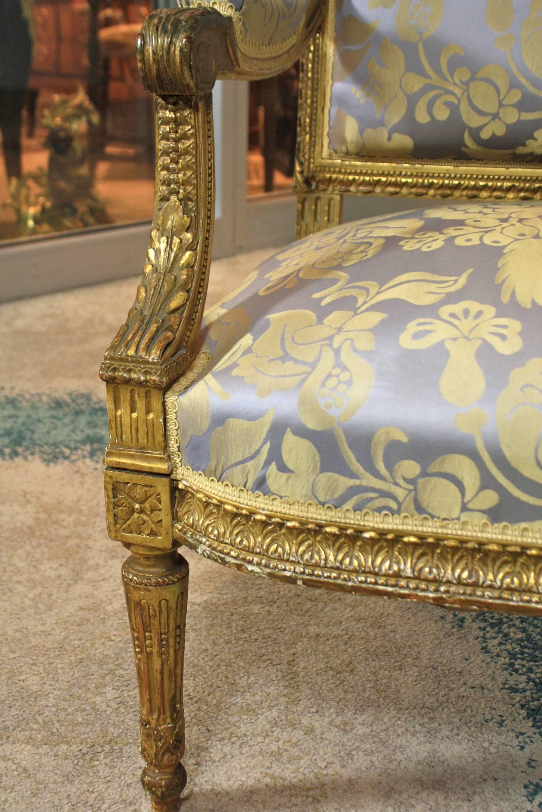 French Louis XVI Style Giltwood Settee, Sofa or Canape In Good Condition In Pembroke, MA