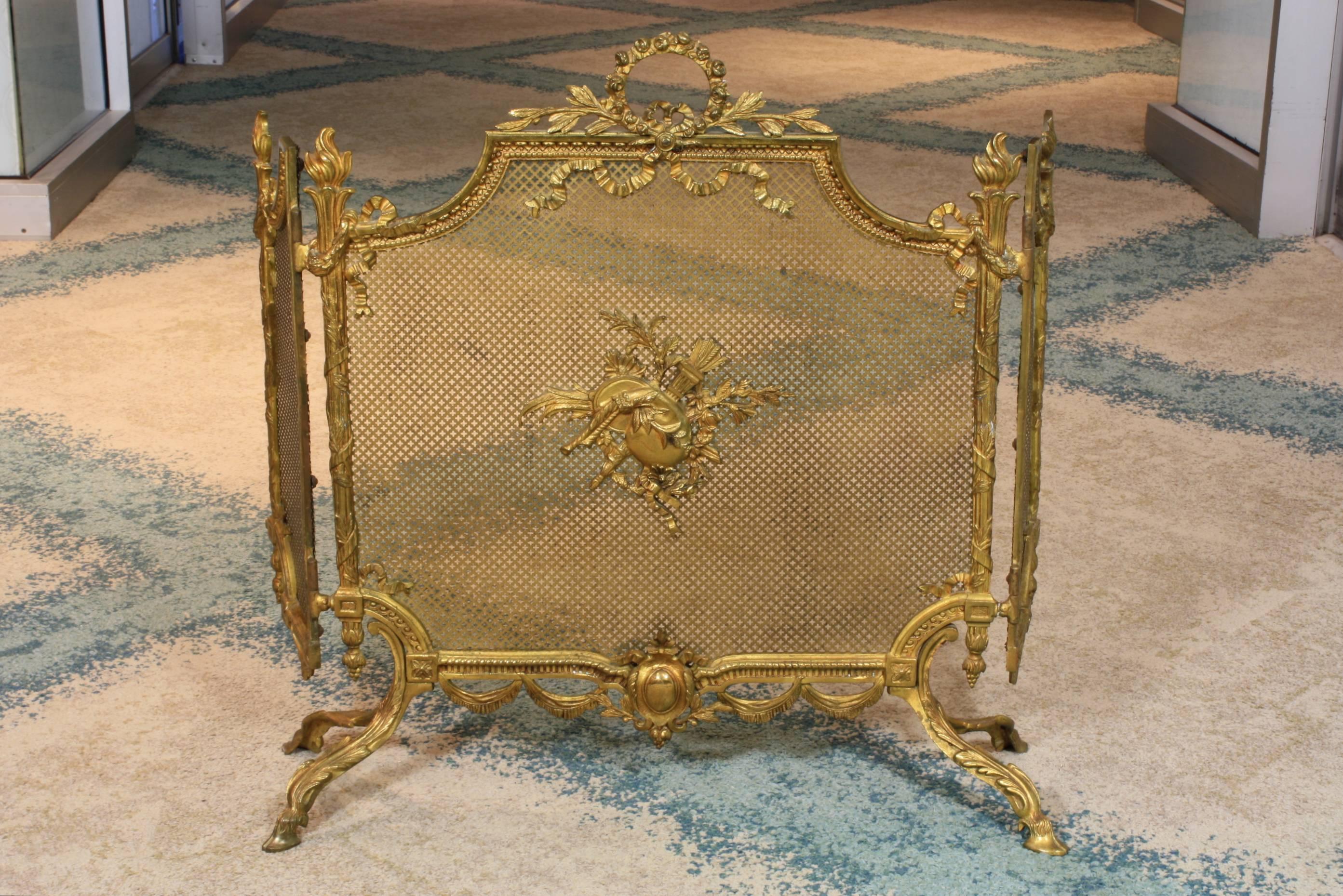 19th Century French Louis XVI Style Gilt Bronze Fire Screen