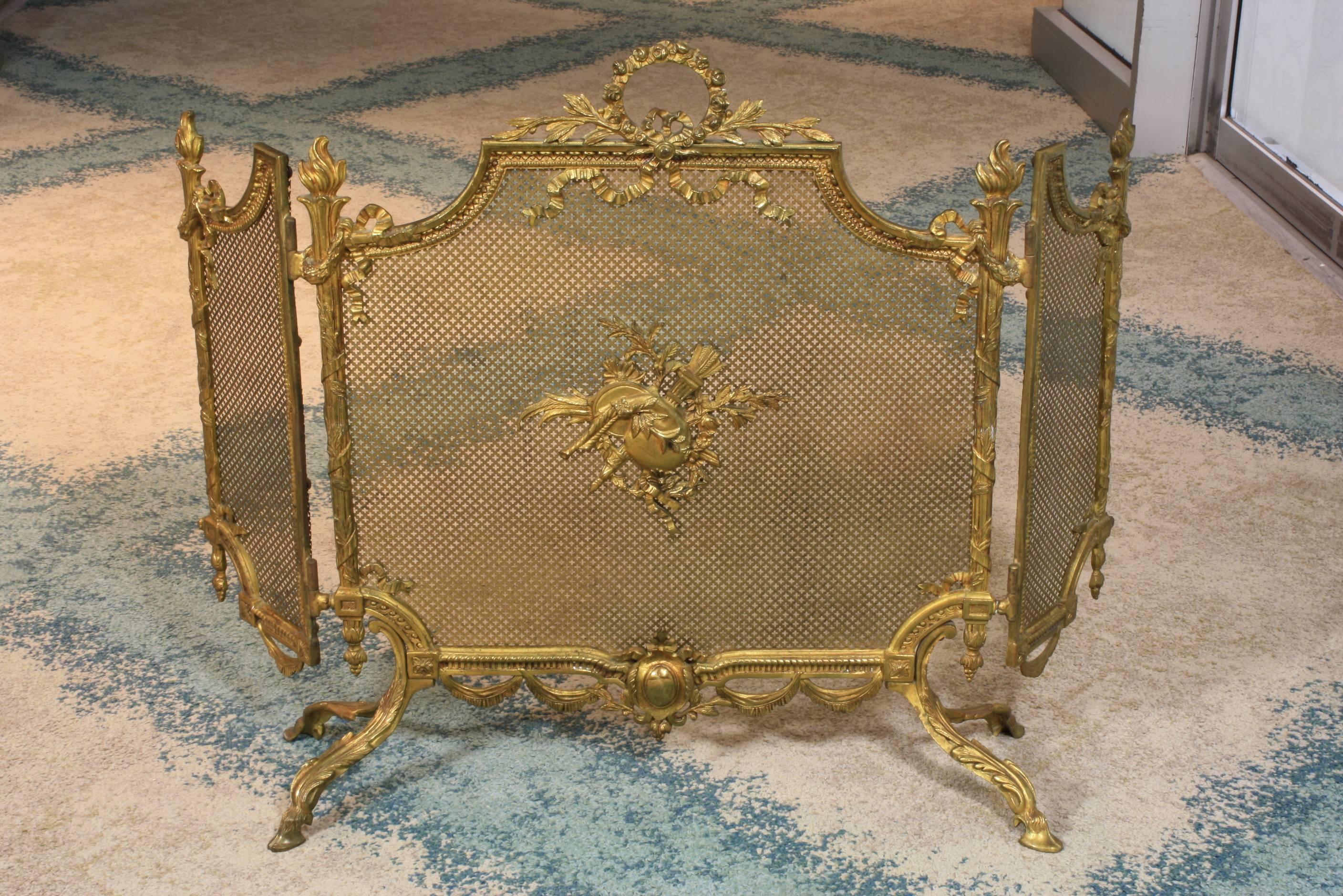 French Louis XVI Style Gilt Bronze Fire Screen In Good Condition In Pembroke, MA