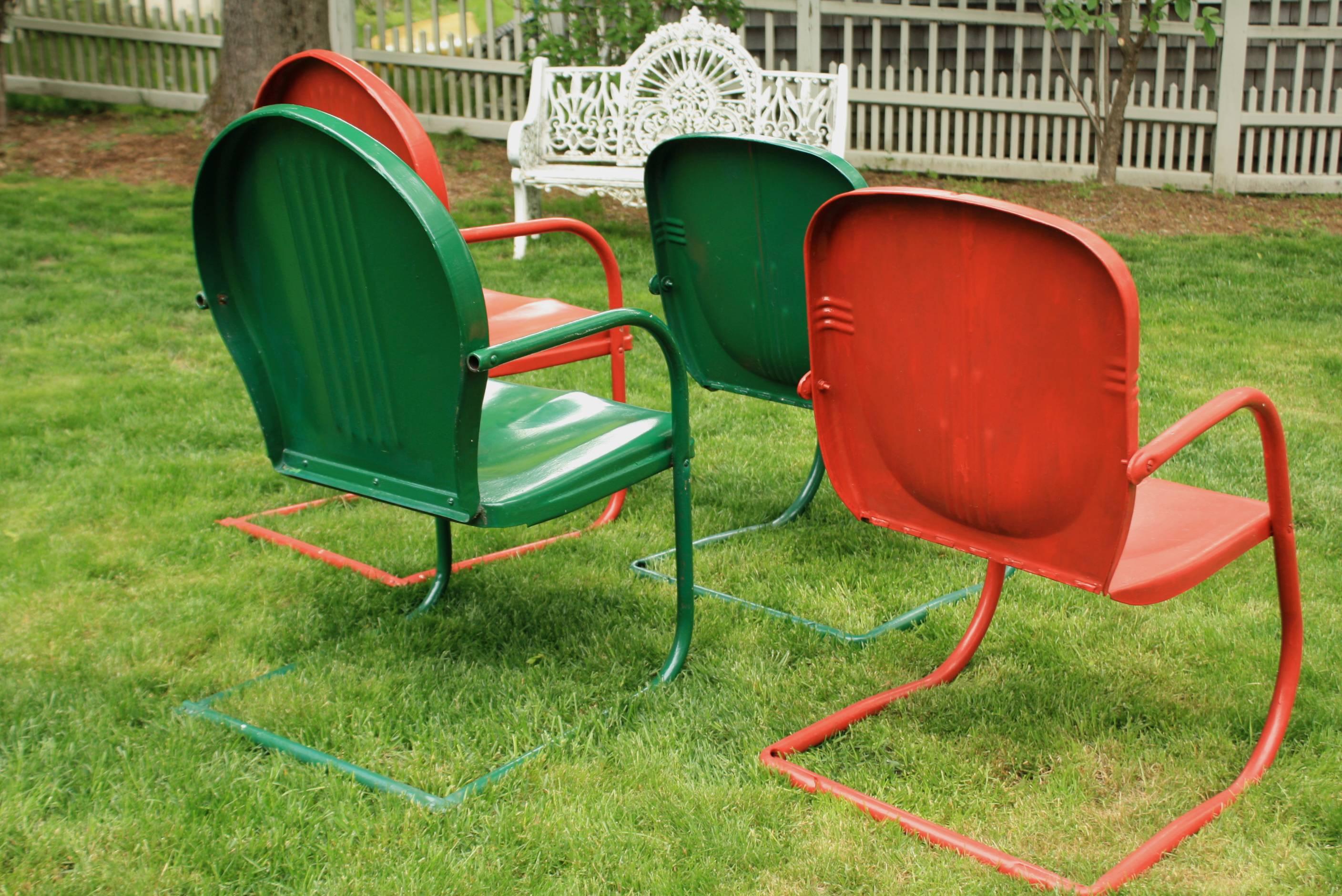 American Set of Four Painted Metal Vintage Patio or Garden Chairs