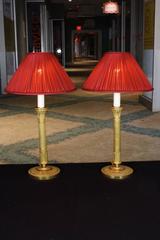 Pair of French Empire Style Candlestick Lamps with Silk Shades