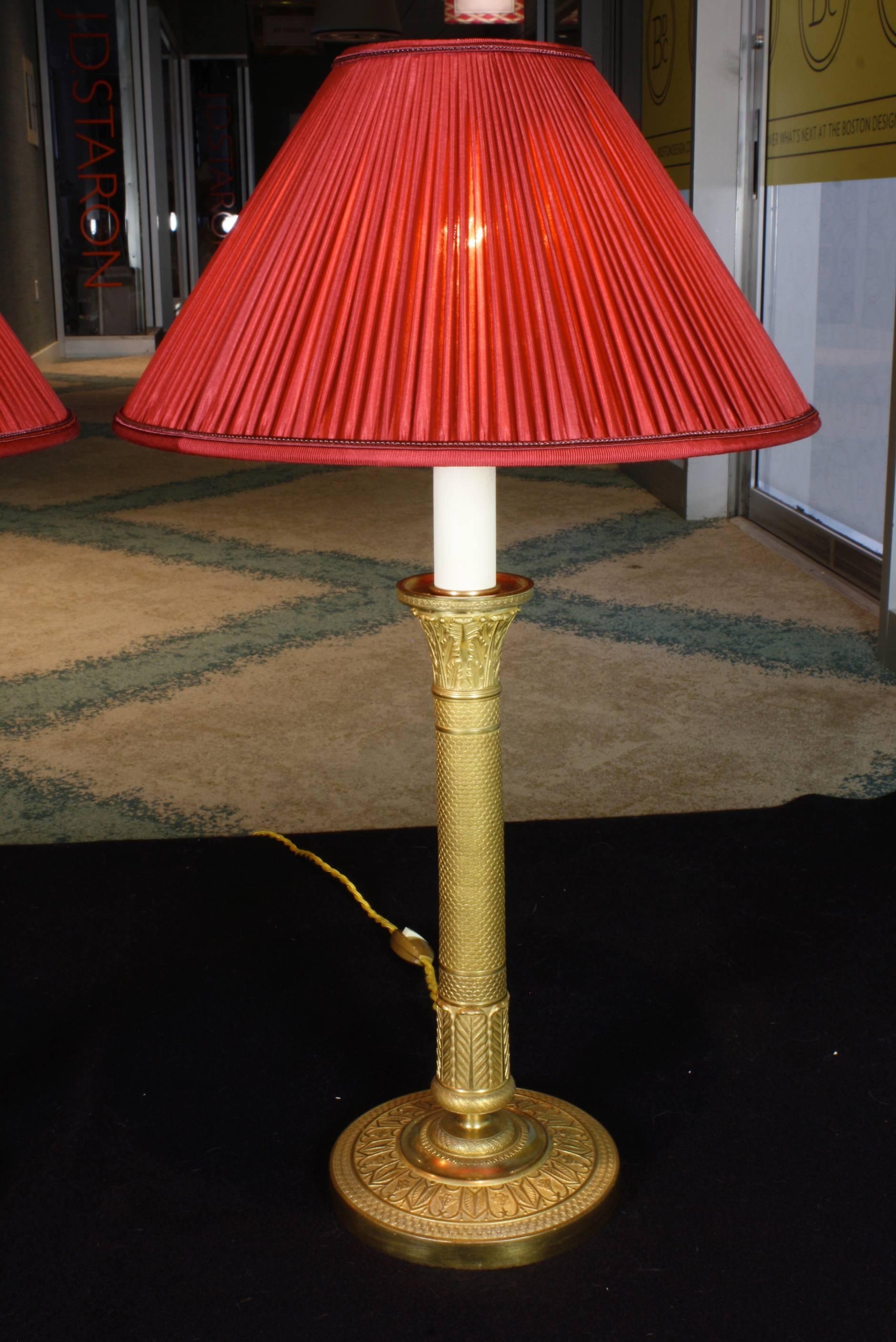 Gilt Pair of French Empire Style Candlestick Lamps with Silk Shades