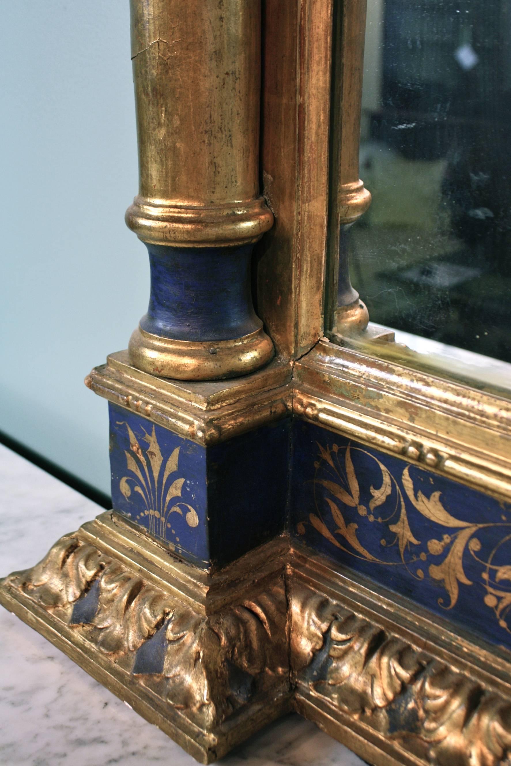 Impressive Renaissance Blue Painted and Parcel Gilt Mirror For Sale 2