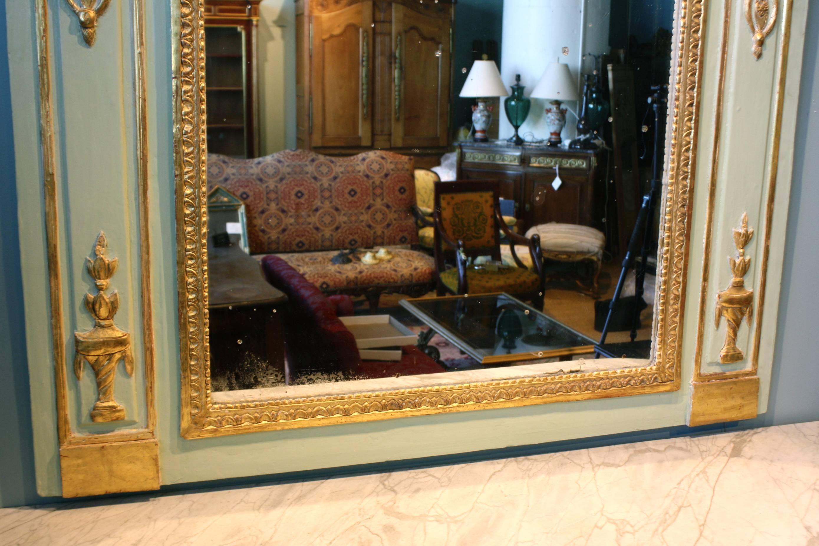 18th Century and Earlier Louis XVI Period Painted and Parcel Gilt Trumeau Mirror