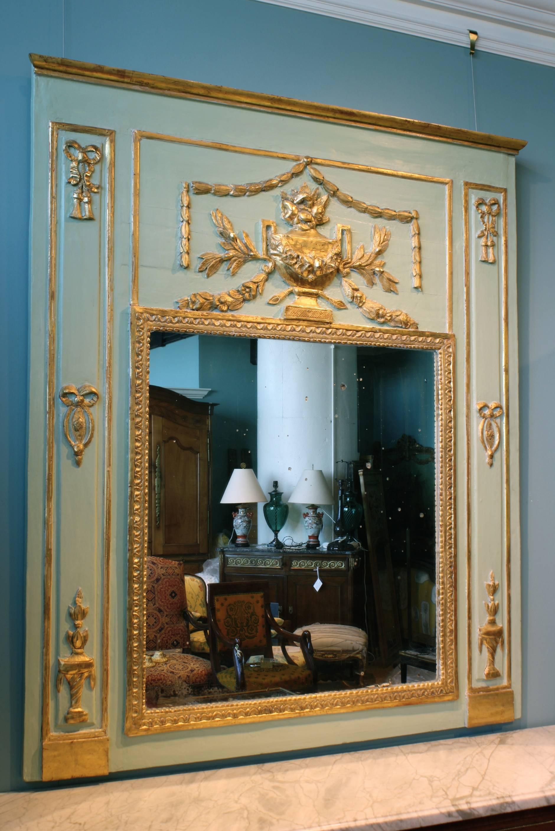 French Louis XVI Period Painted and Parcel Gilt Trumeau Mirror