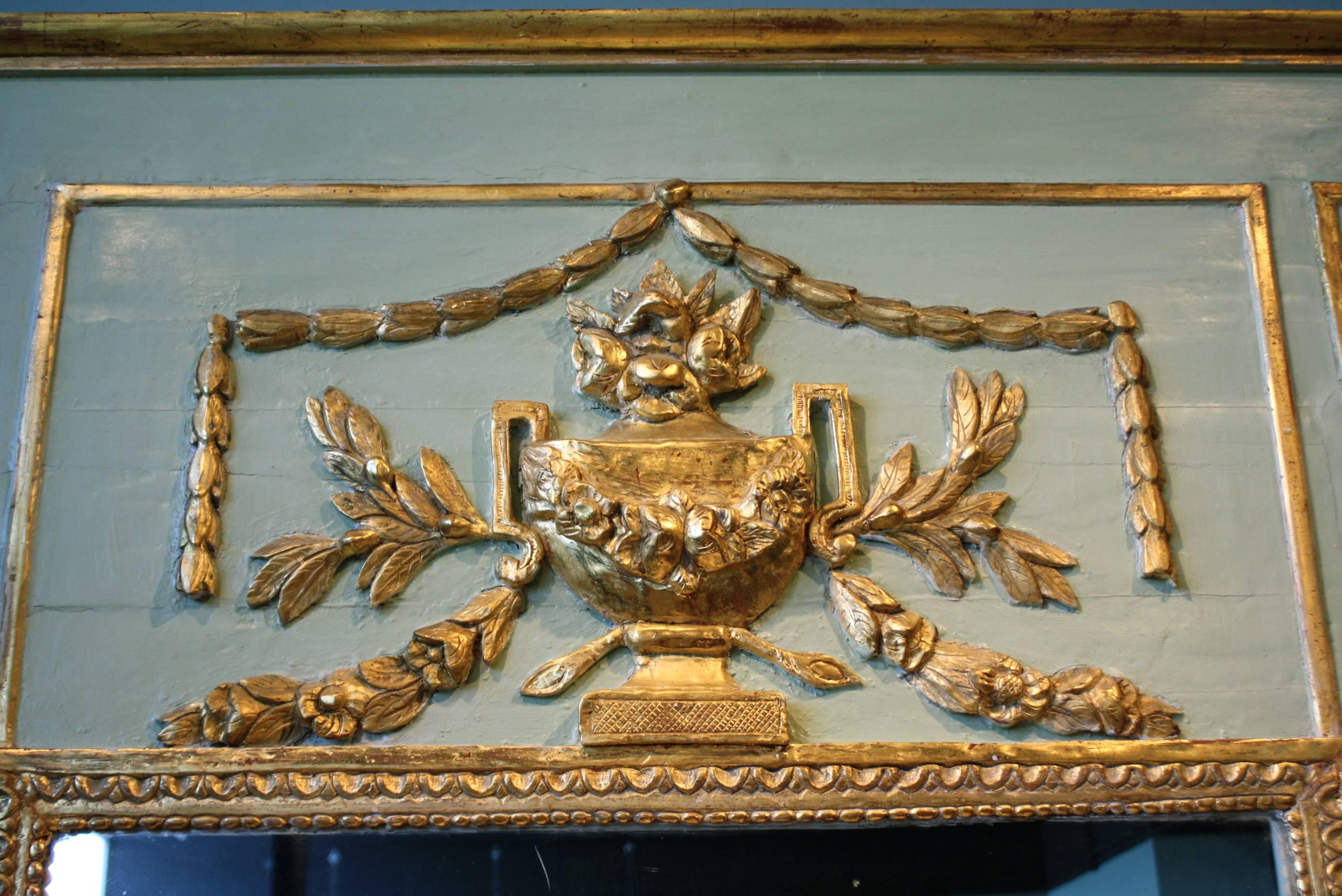 Wood Louis XVI Period Painted and Parcel Gilt Trumeau Mirror
