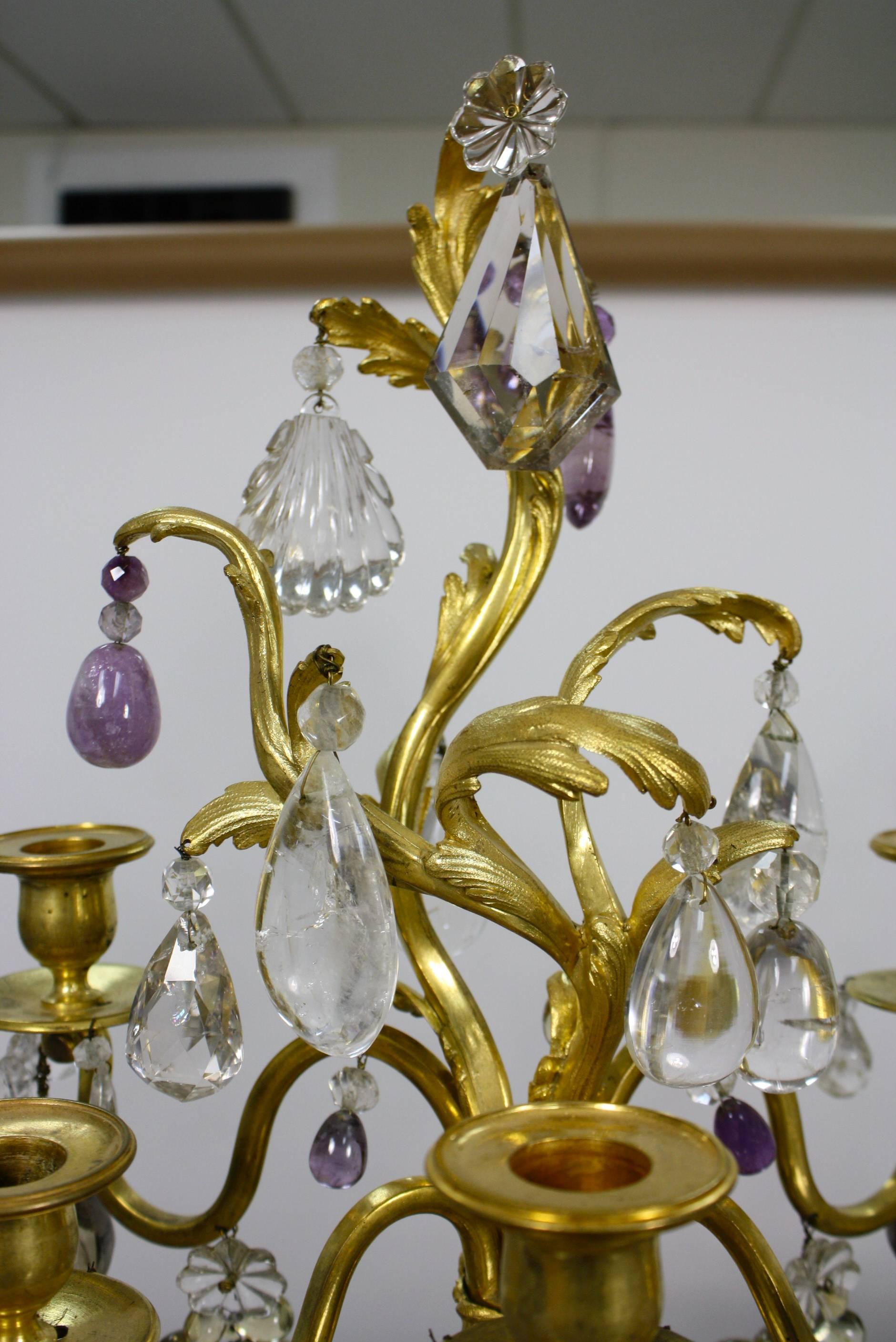 Pair of Louis XV Style Rock Crystal Girandoles In Good Condition In Pembroke, MA