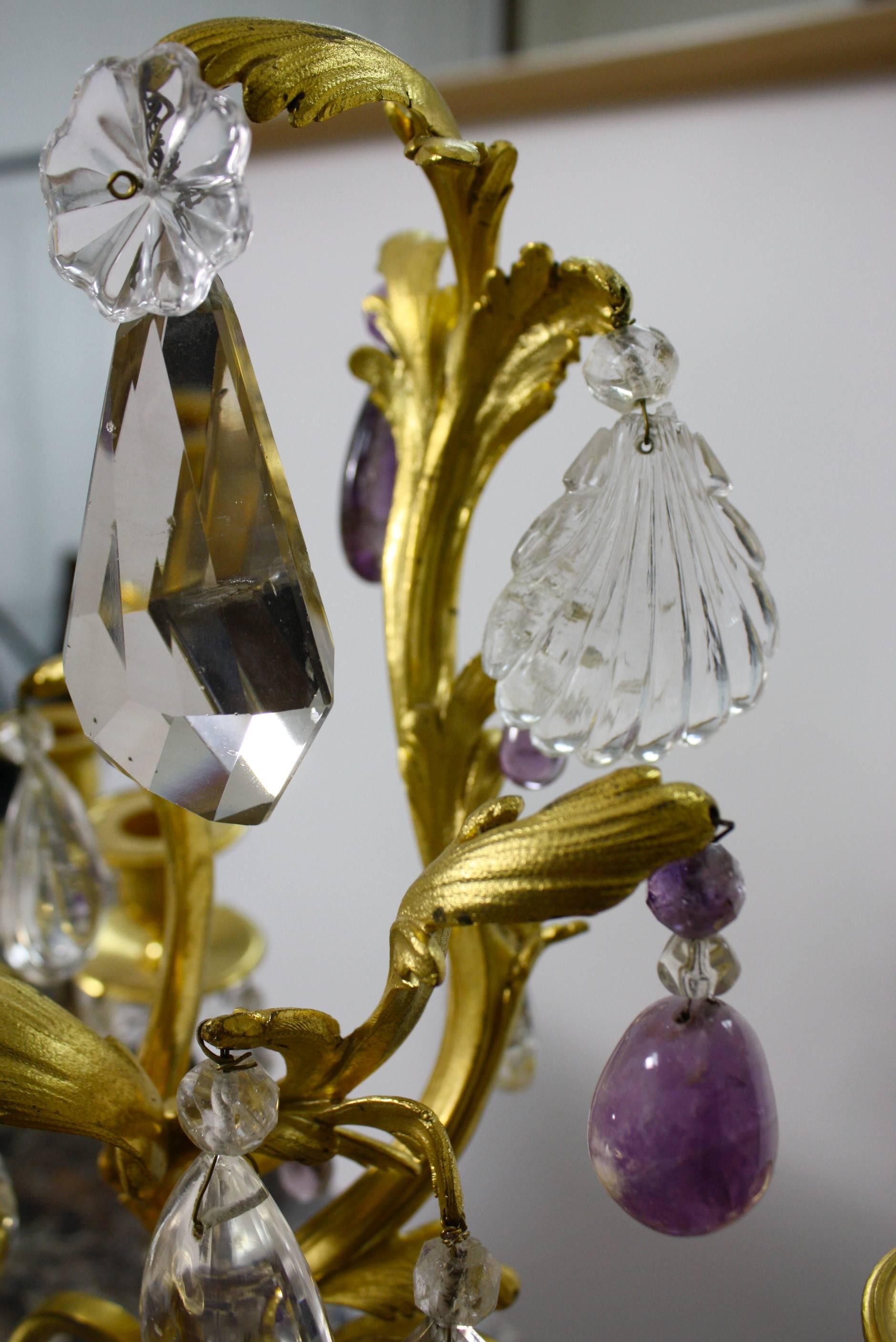 Gilt Pair of Louis XV Style Rock Crystal Girandoles