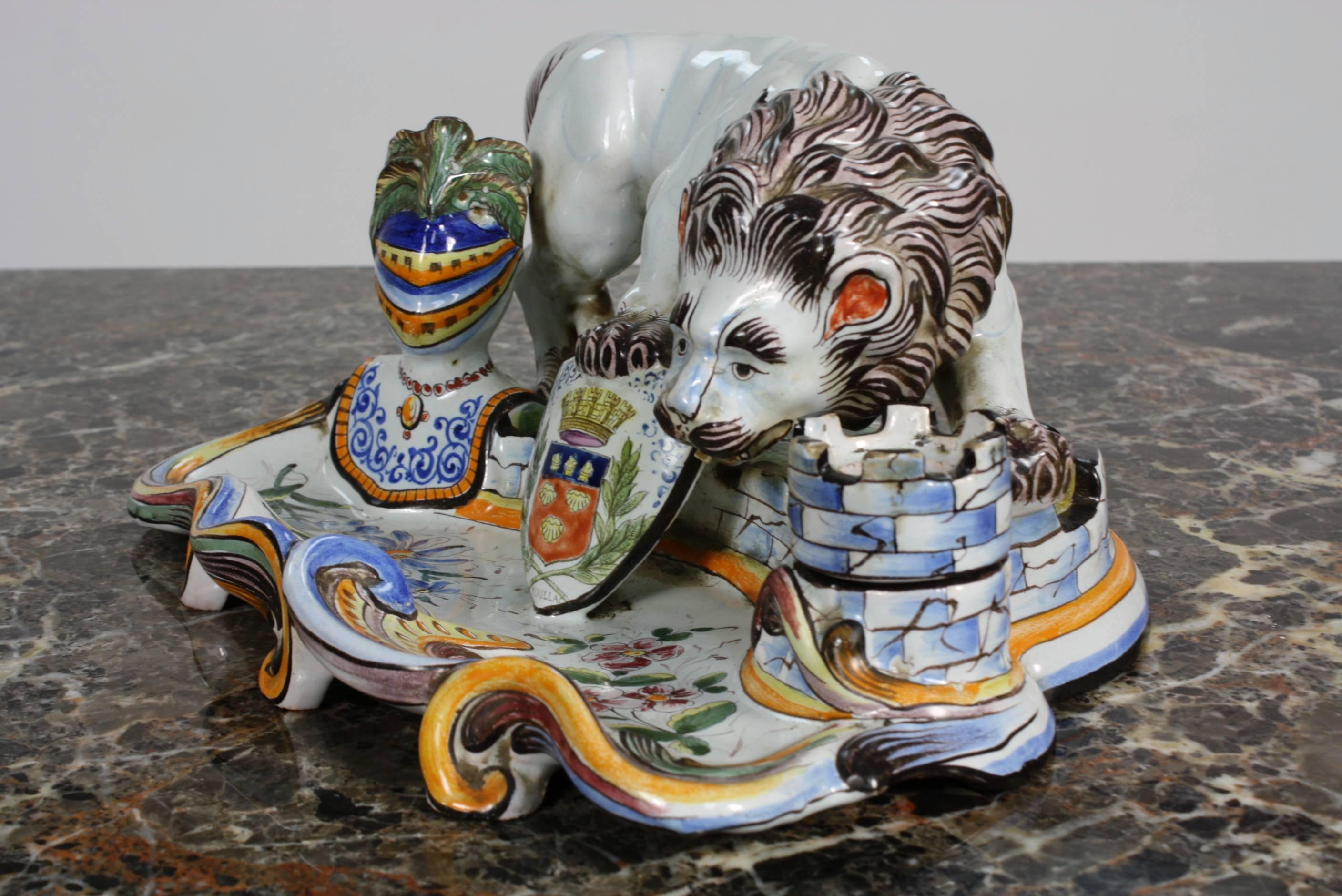 Painted French Faience Inkwell with Lion