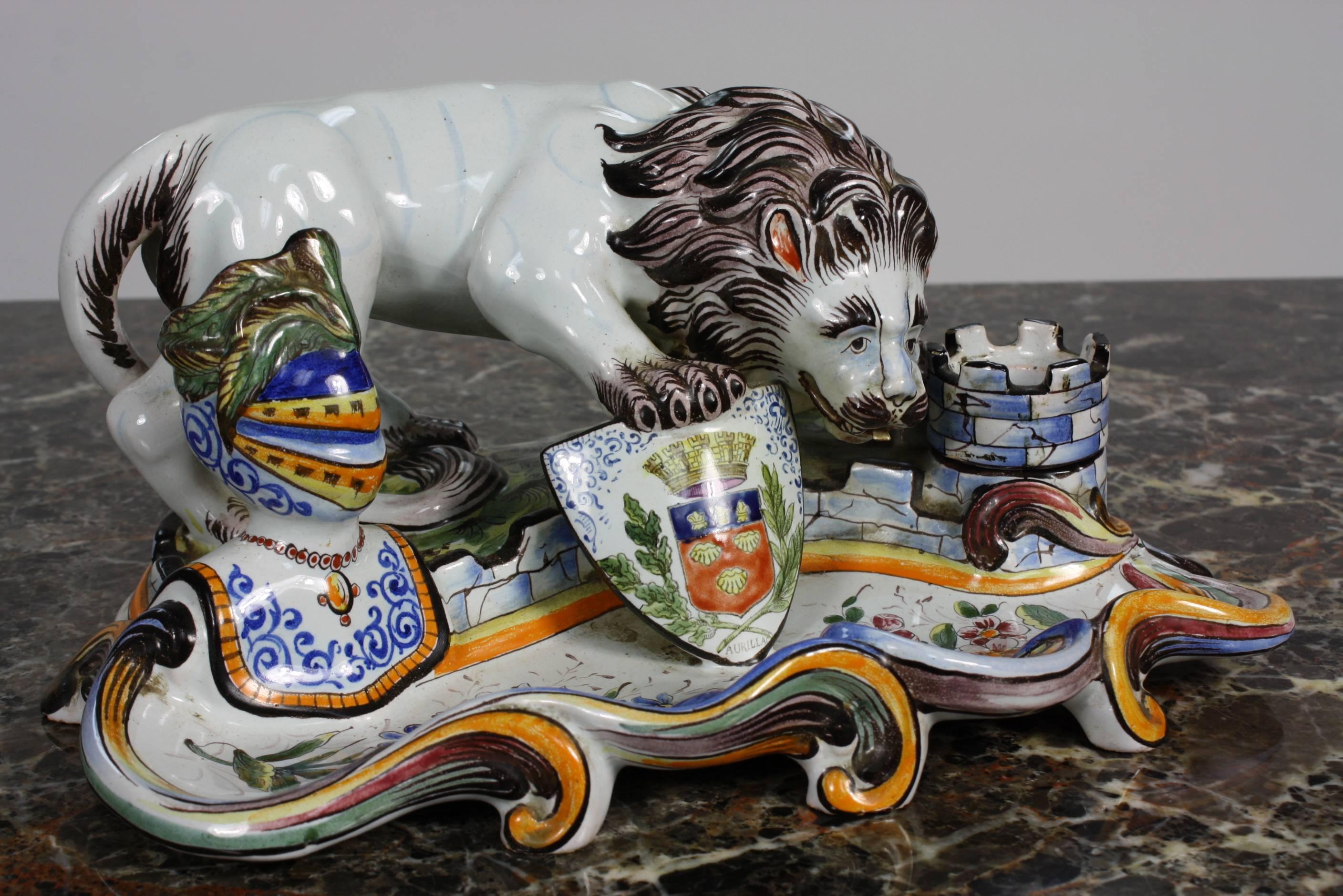 Ceramic French Faience Inkwell with Lion