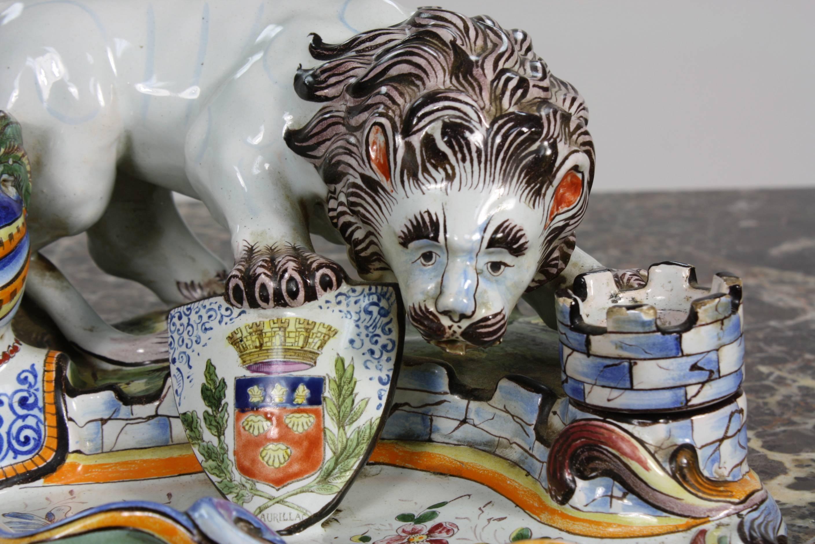 Renaissance French Faience Inkwell with Lion