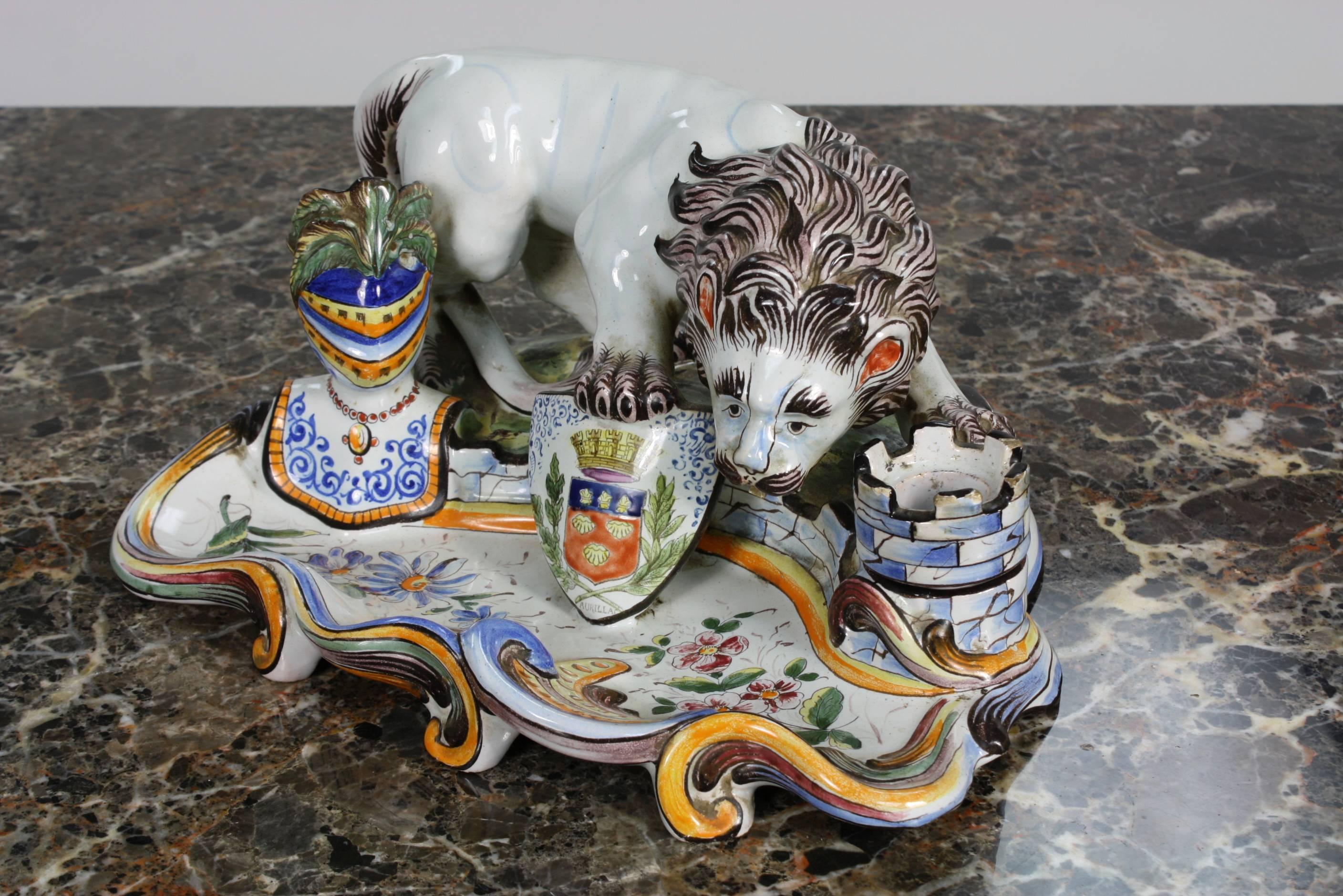 French Faience Inkwell with Lion 1
