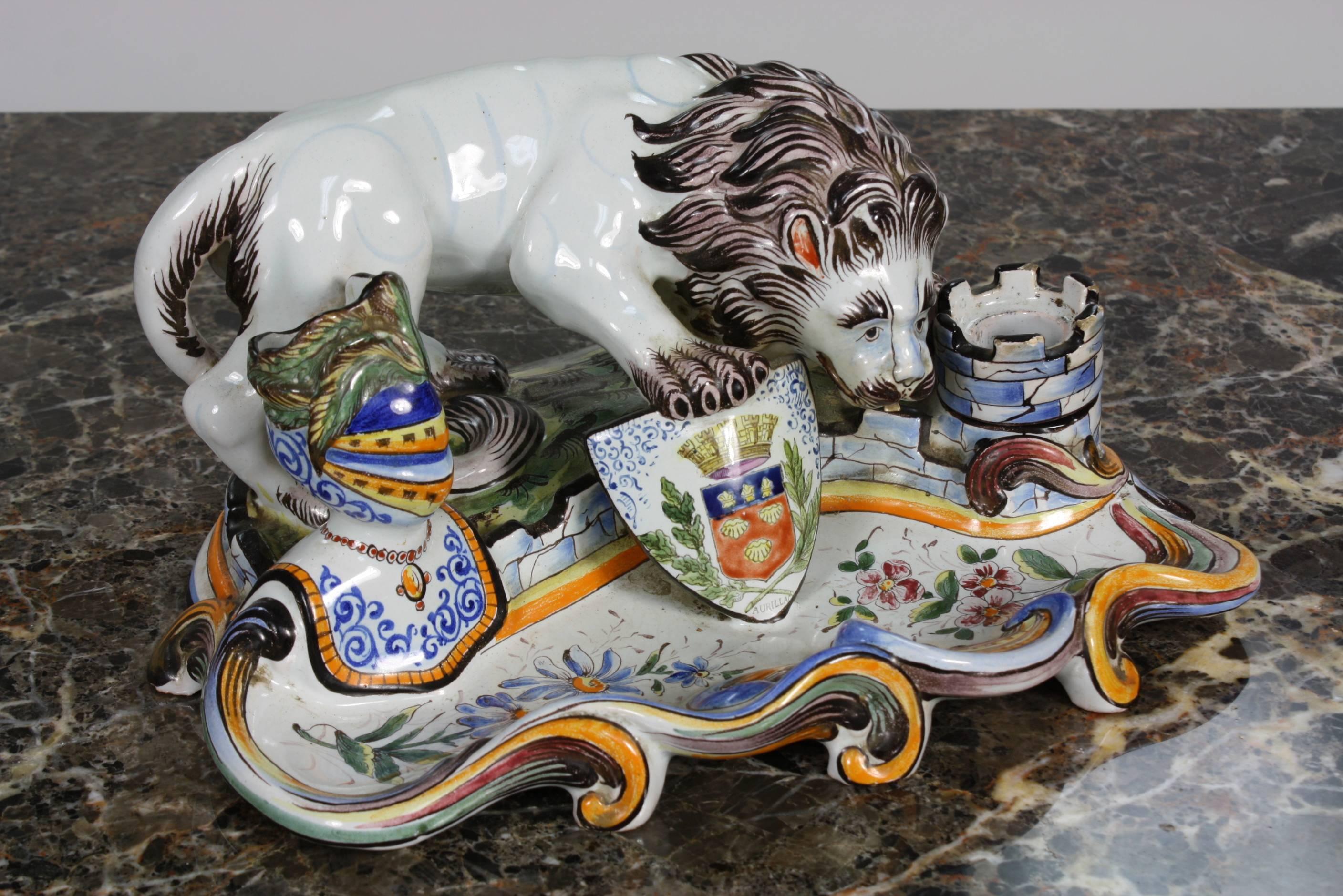 French Faience Inkwell with Lion 2