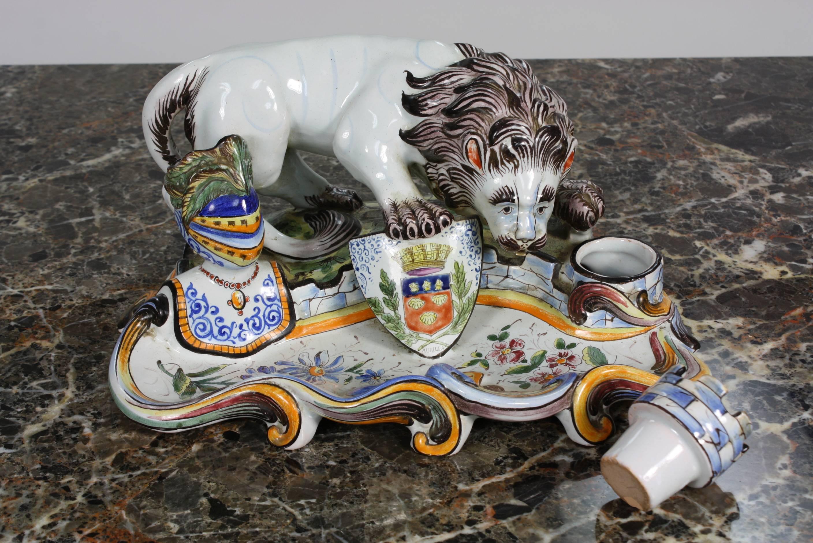 French Faience Inkwell with Lion 3
