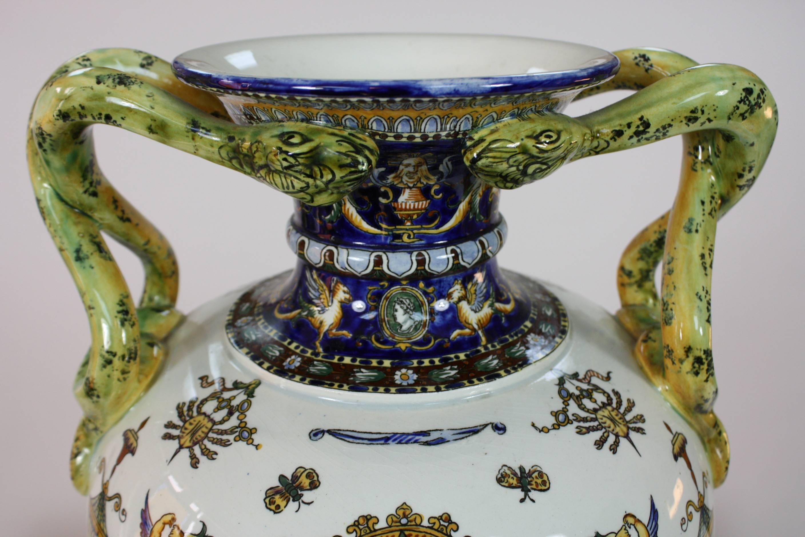 Large Italian Renaissance Style Faience Vase with Snake Handles by Gien In Good Condition In Pembroke, MA