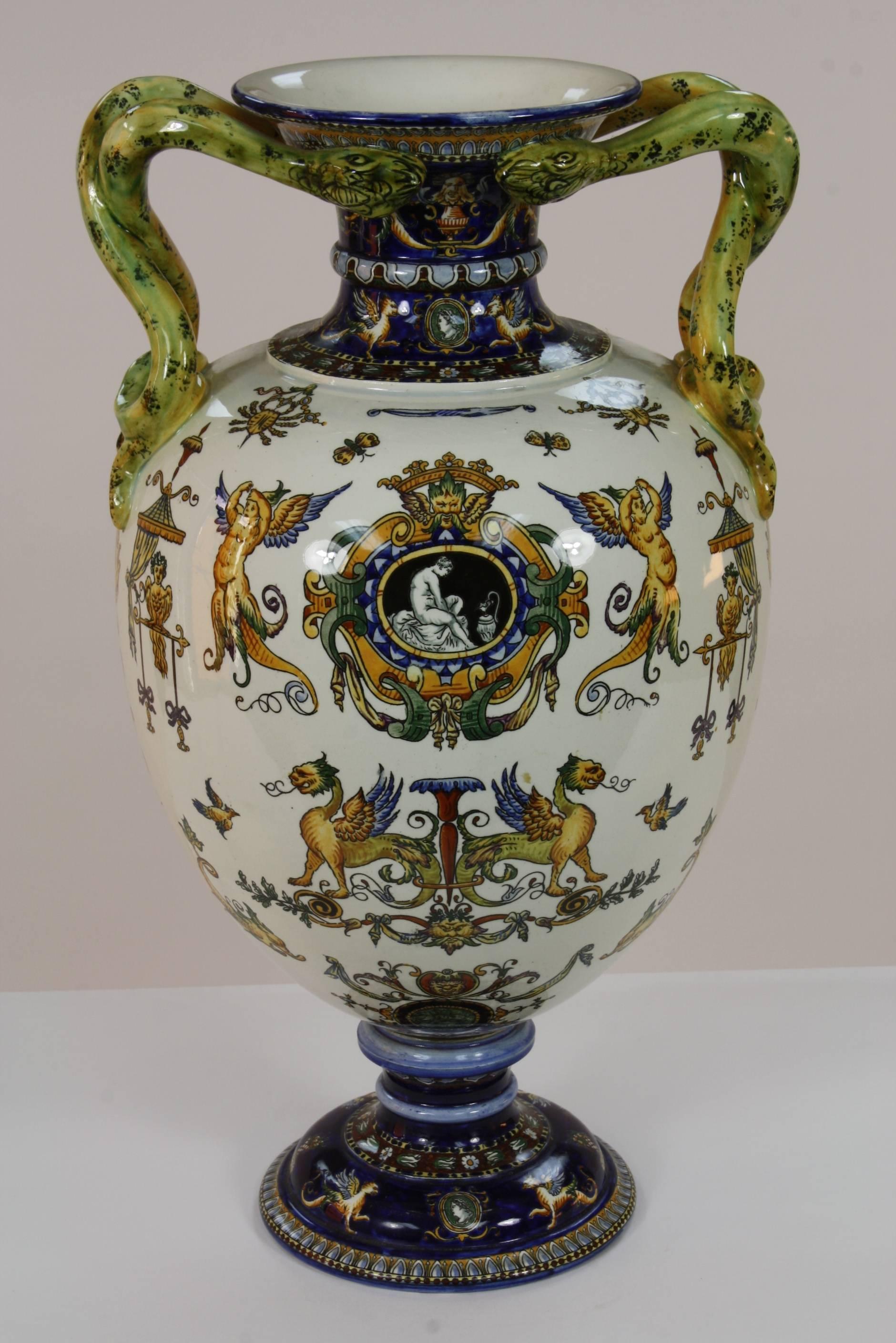 Painted Large Italian Renaissance Style Faience Vase with Snake Handles by Gien