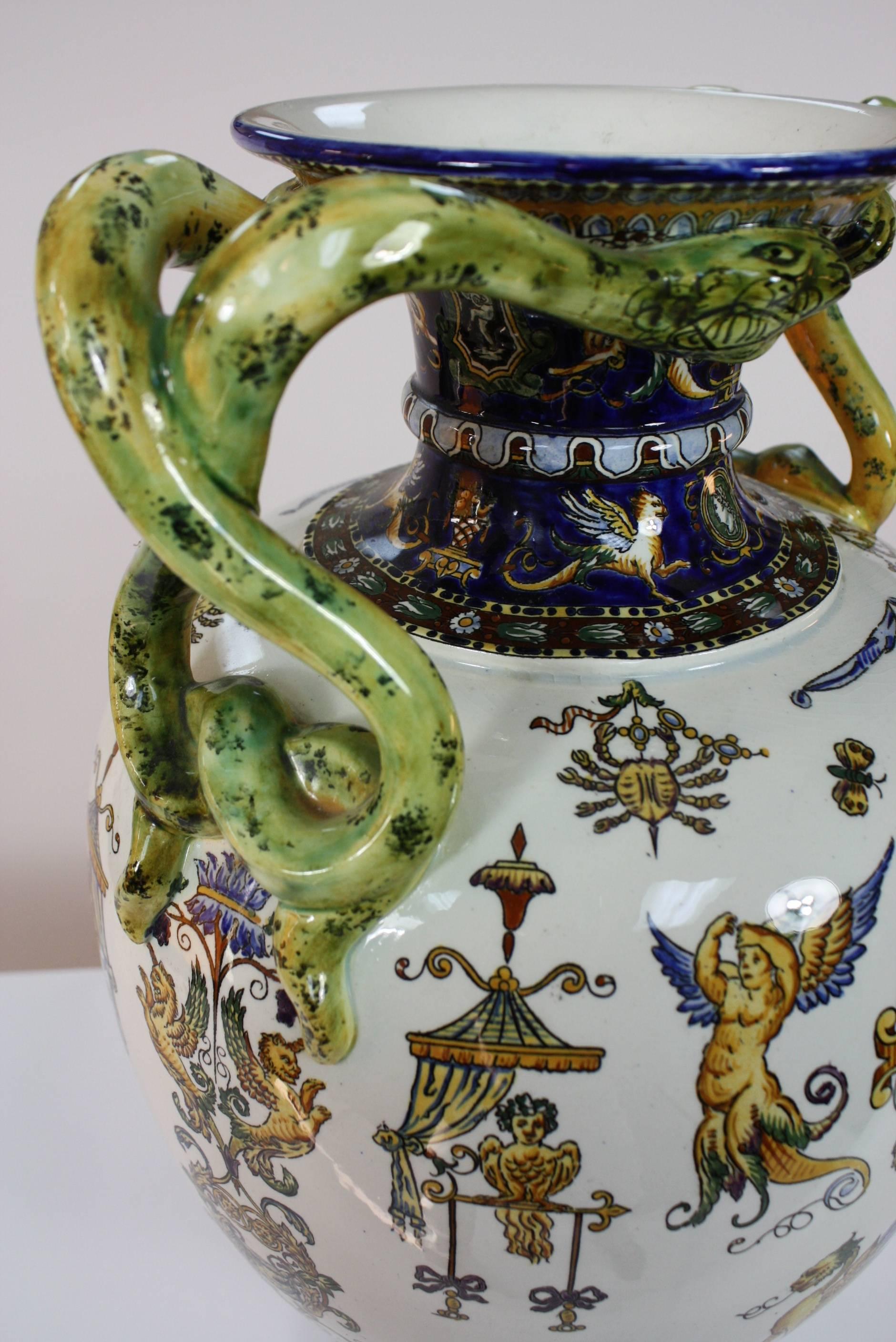 19th Century Large Italian Renaissance Style Faience Vase with Snake Handles by Gien