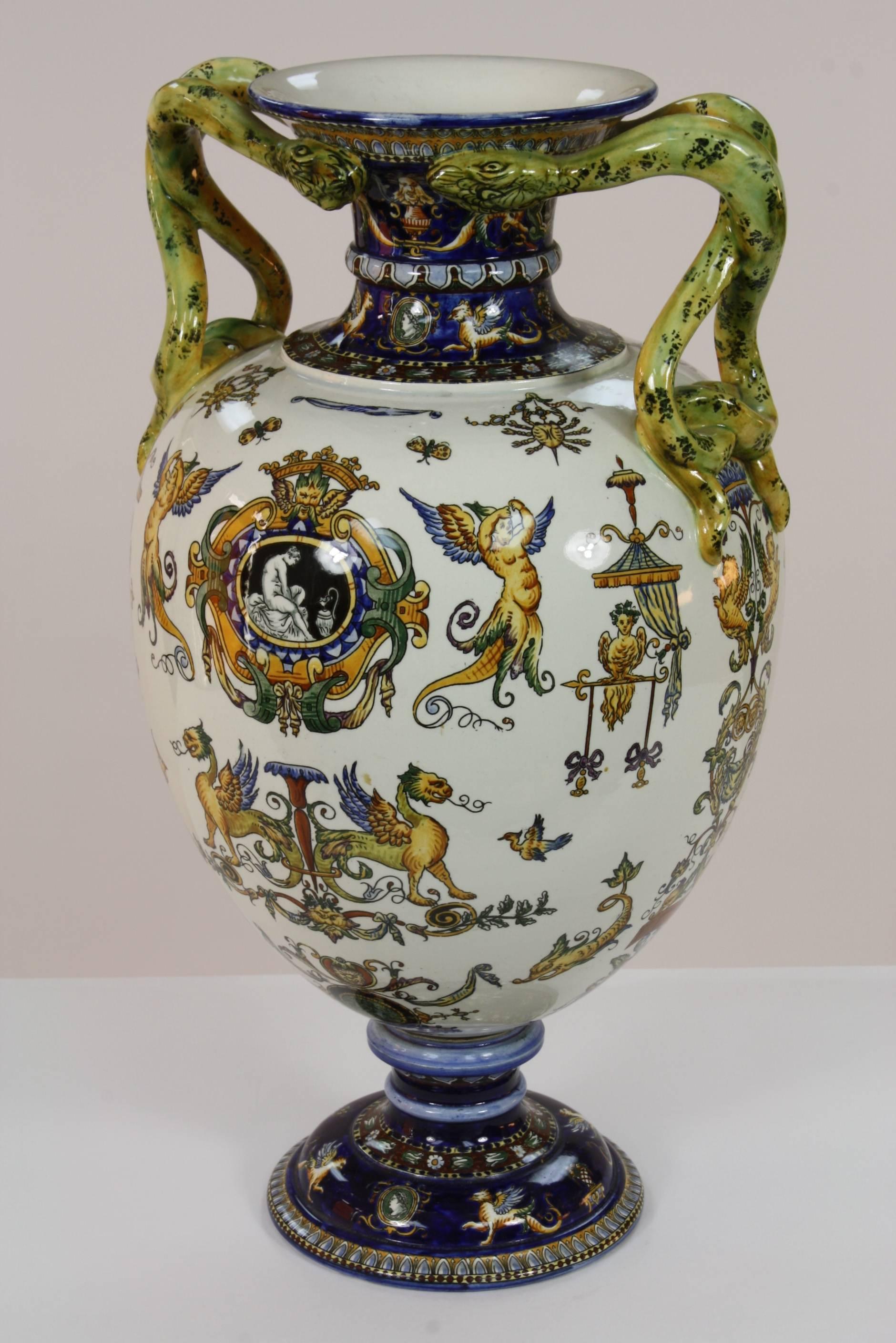 An highly-detailed and impressive French faience two-handled vase by Gien, in the 