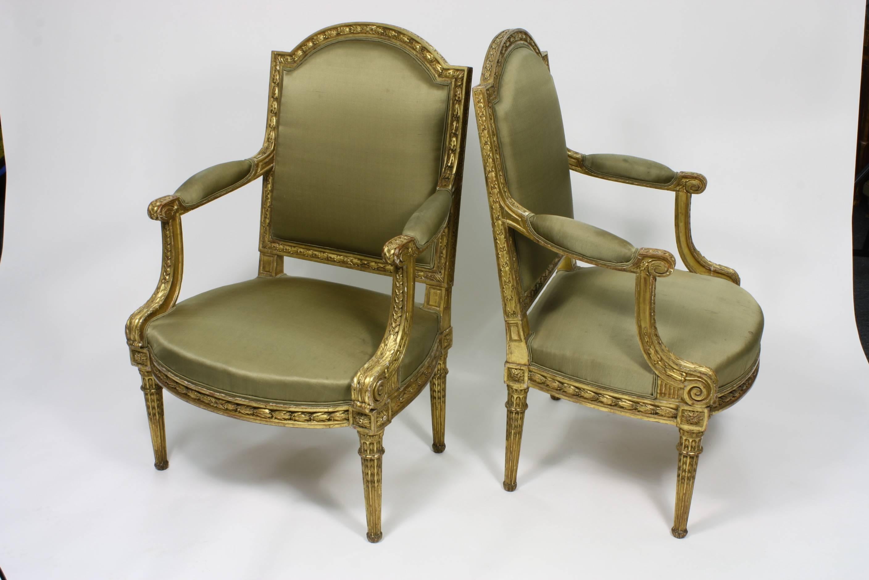 Carved Pair of Fine Quality Louis XVI Style Giltwood Armchairs