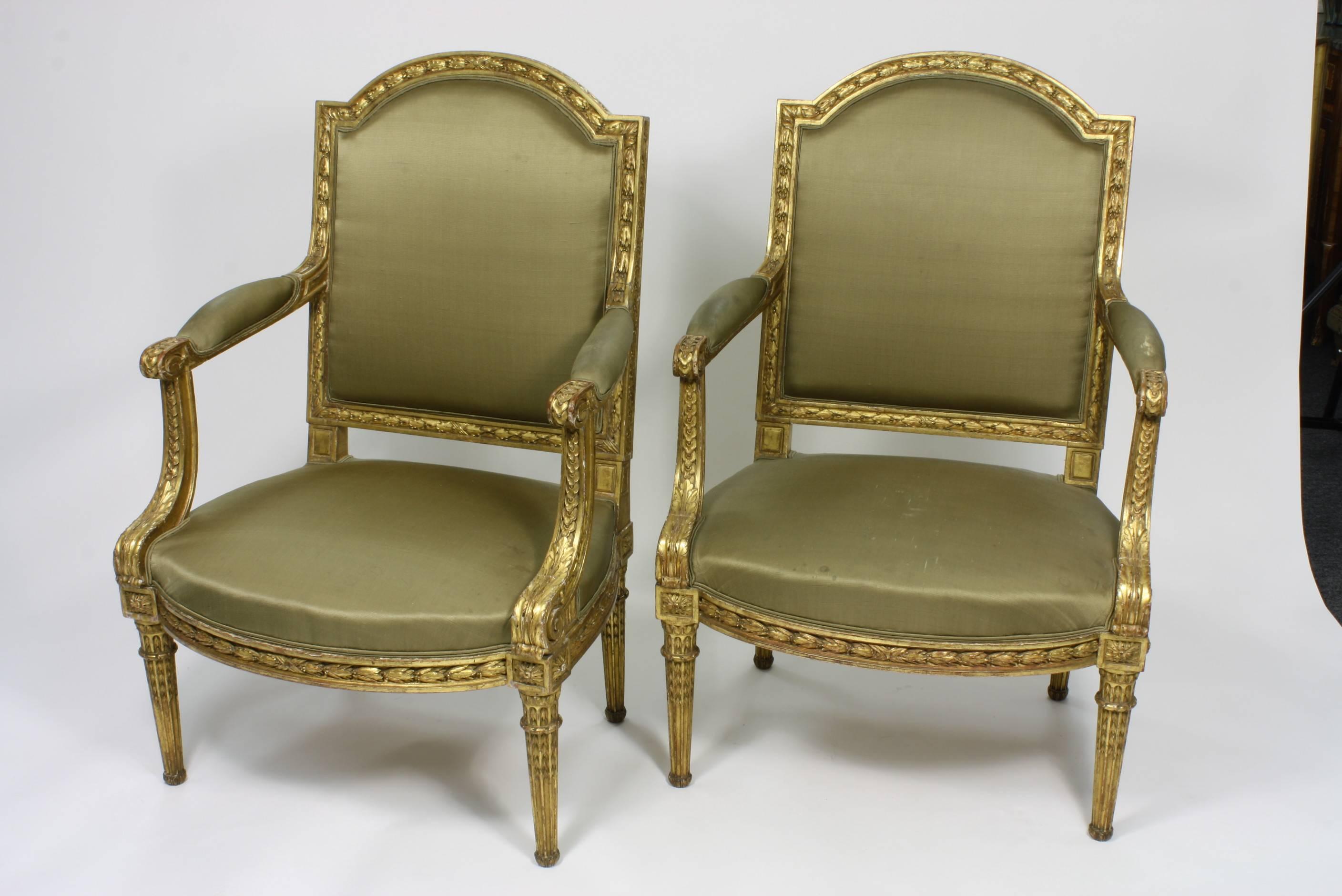 French Pair of Fine Quality Louis XVI Style Giltwood Armchairs