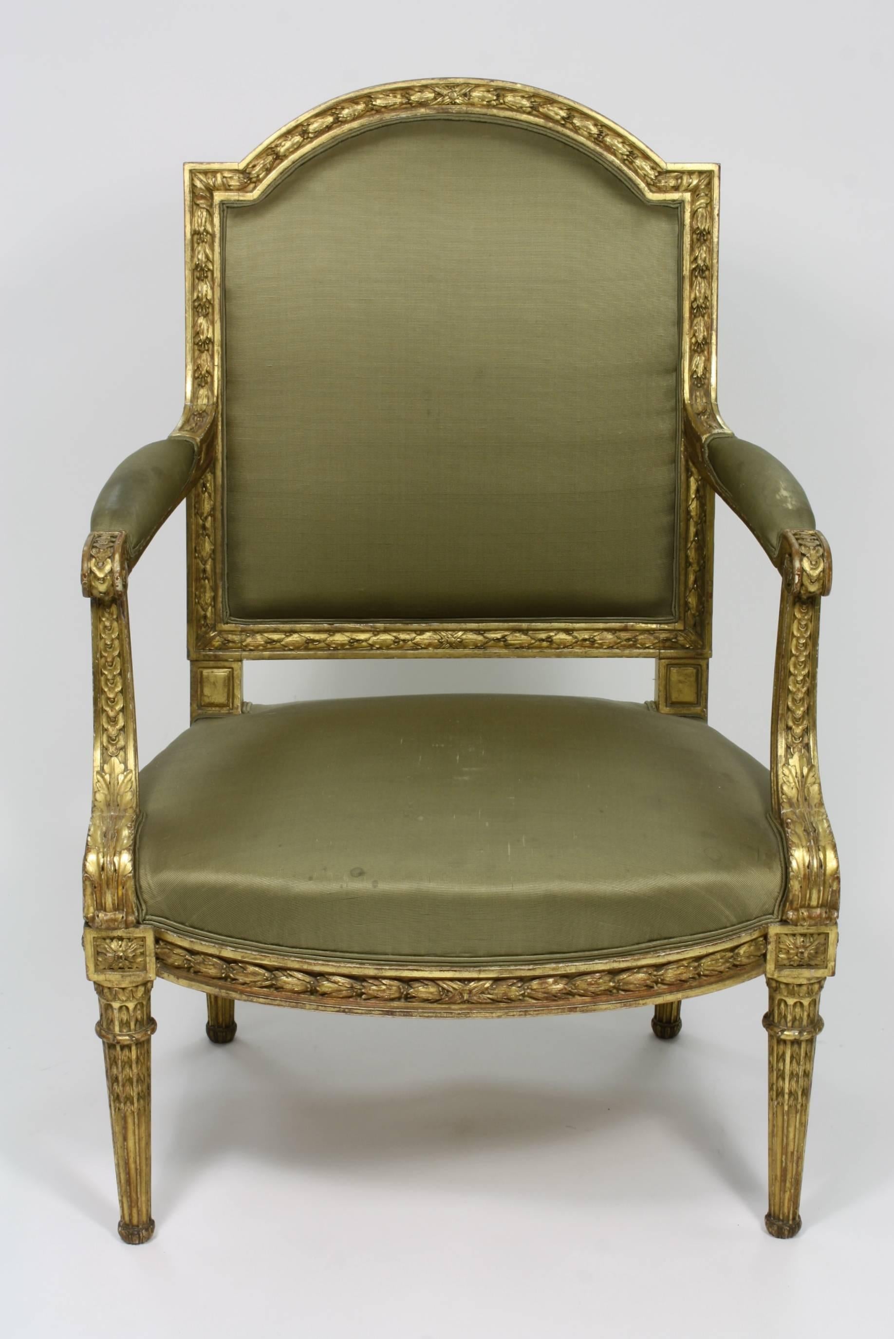 Pair of Fine Quality Louis XVI Style Giltwood Armchairs In Good Condition In Pembroke, MA