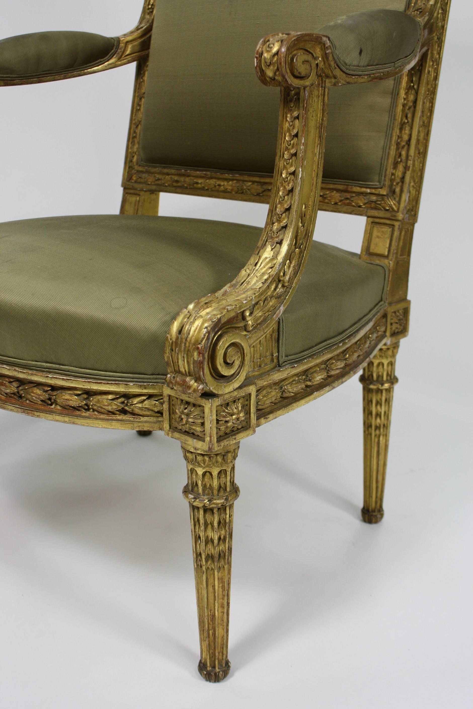 Wood Pair of Fine Quality Louis XVI Style Giltwood Armchairs