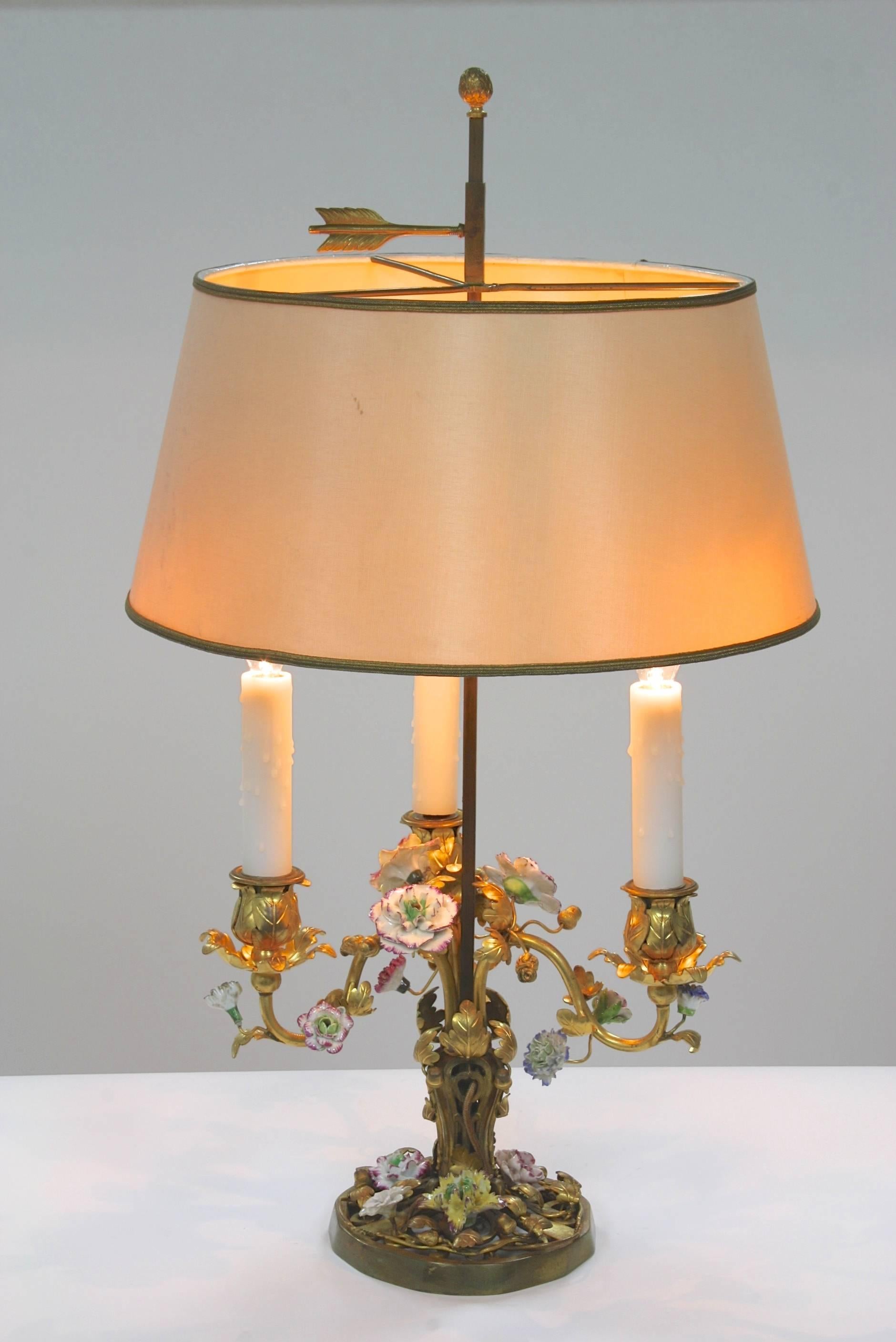 Louis XV French Gilt-Bronze and Porcelain Flower Bouillotte Lamp
