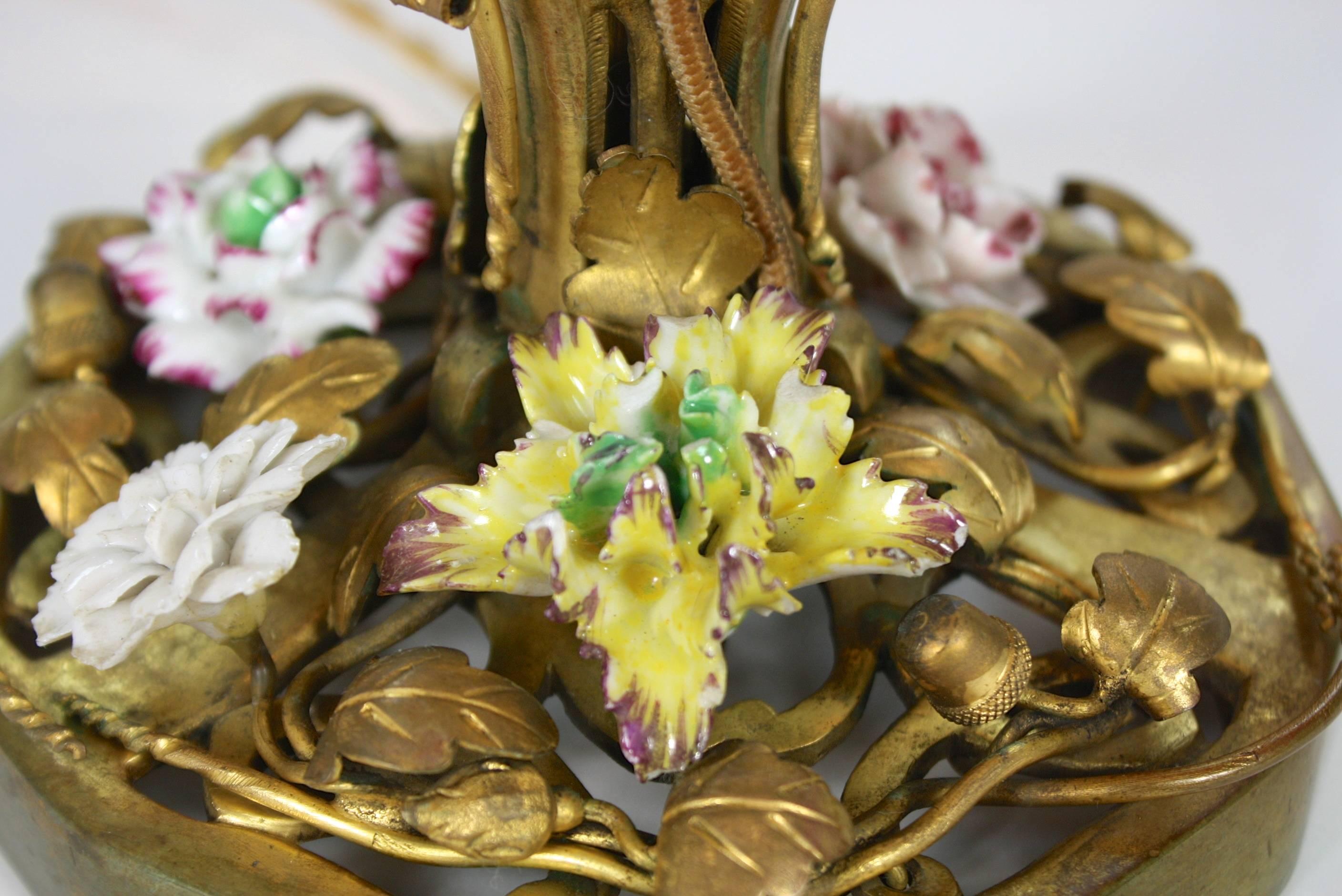 French Gilt-Bronze and Porcelain Flower Bouillotte Lamp 1