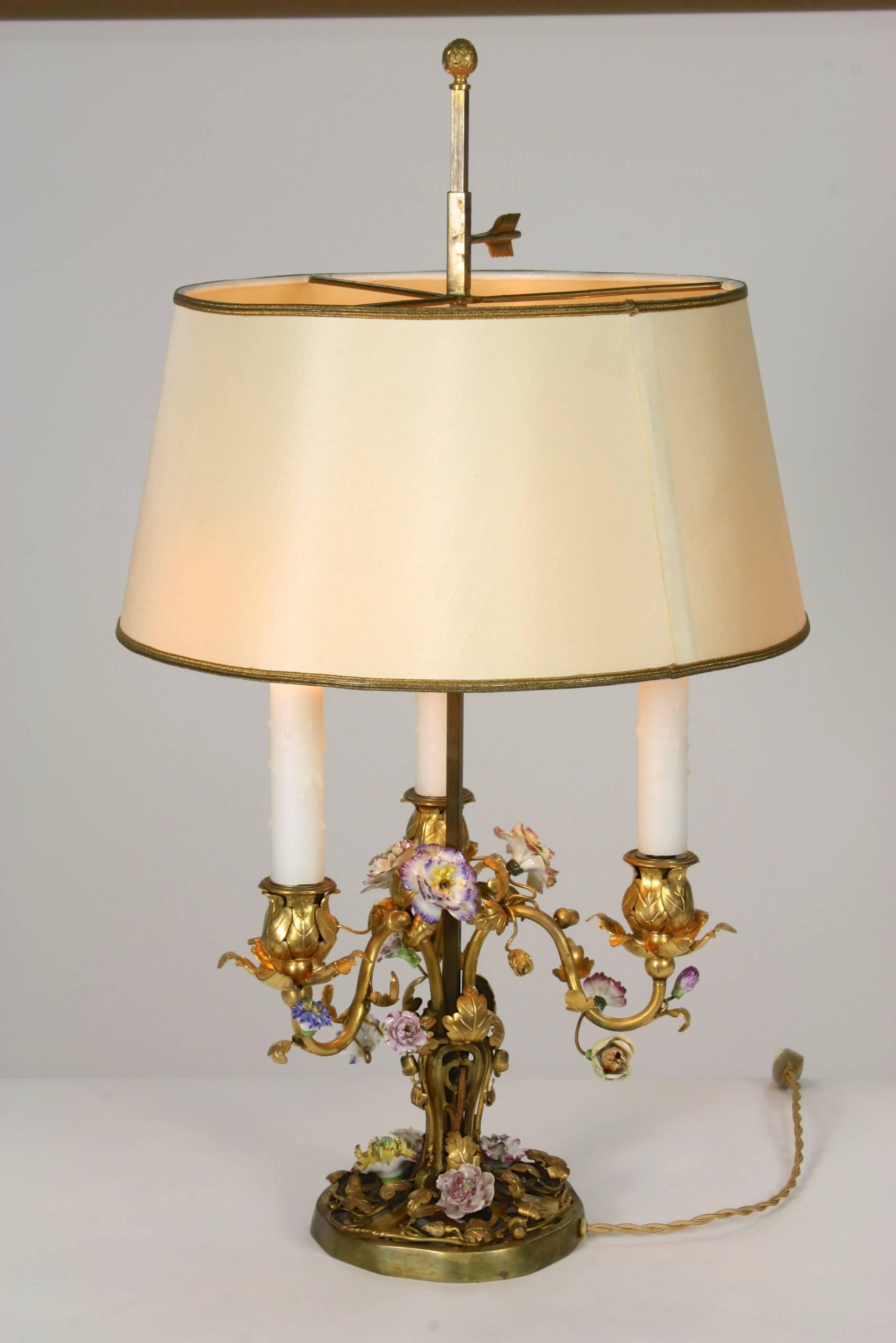 Cast French Gilt-Bronze and Porcelain Flower Bouillotte Lamp