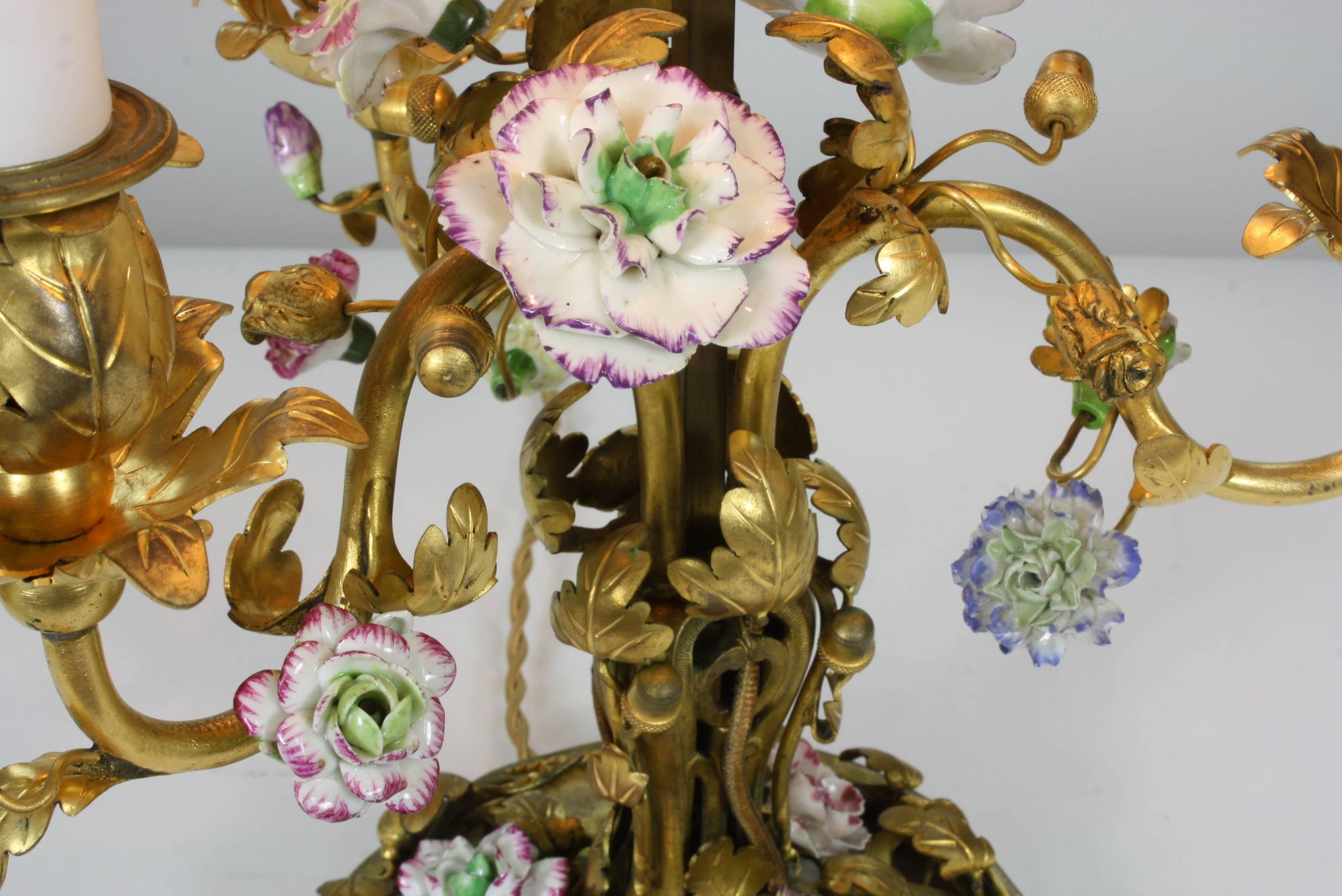 French Gilt-Bronze and Porcelain Flower Bouillotte Lamp 1
